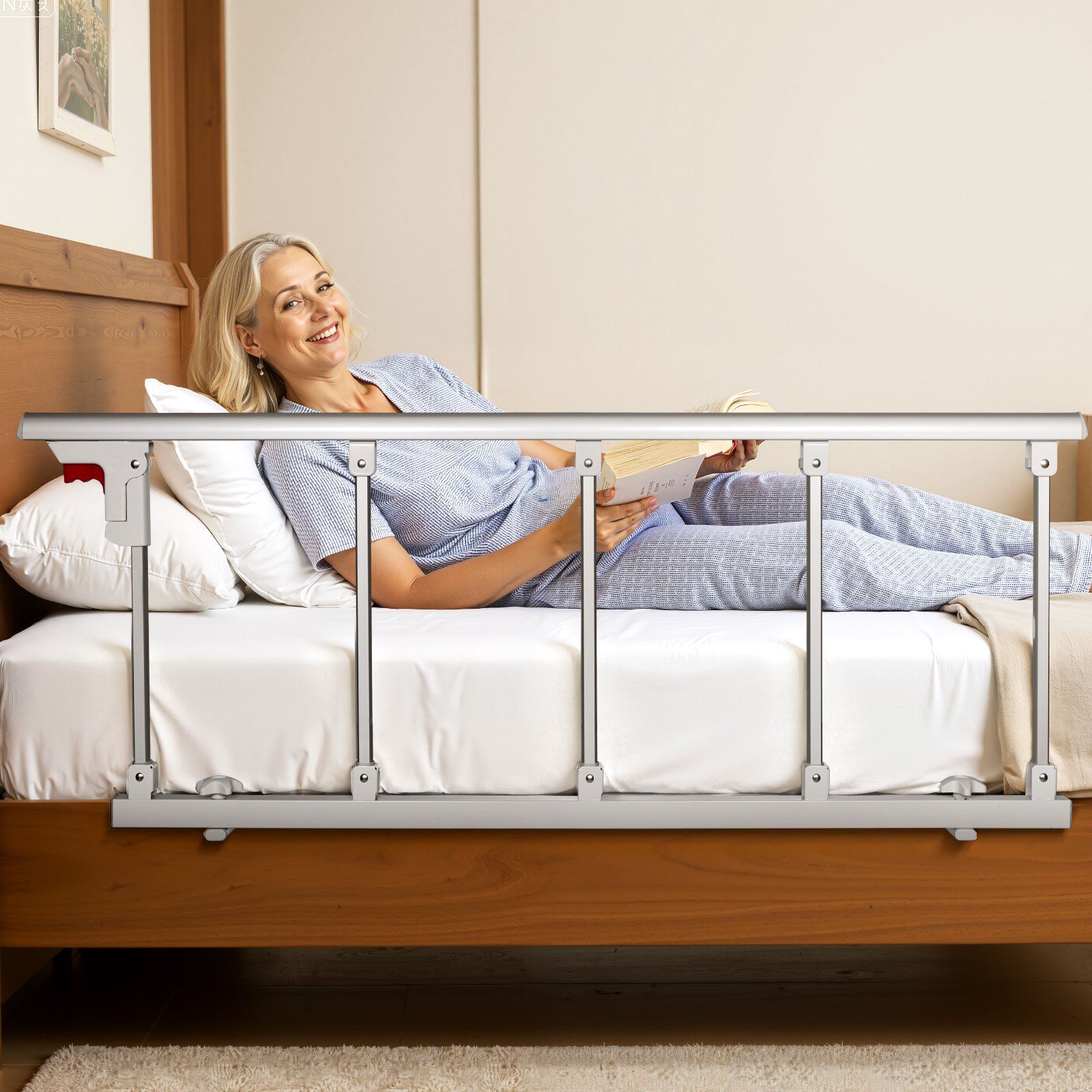 Foldable Bed Rail for Elderly, 122 cm Bedside Assist Rail with Fixing Strap, Adjustable Height Pipe Bedside Cane, High-Strength Metal Senior Bed Bar, Hand Guard Grab Fits King, Queen, Full, Twin - Image 8