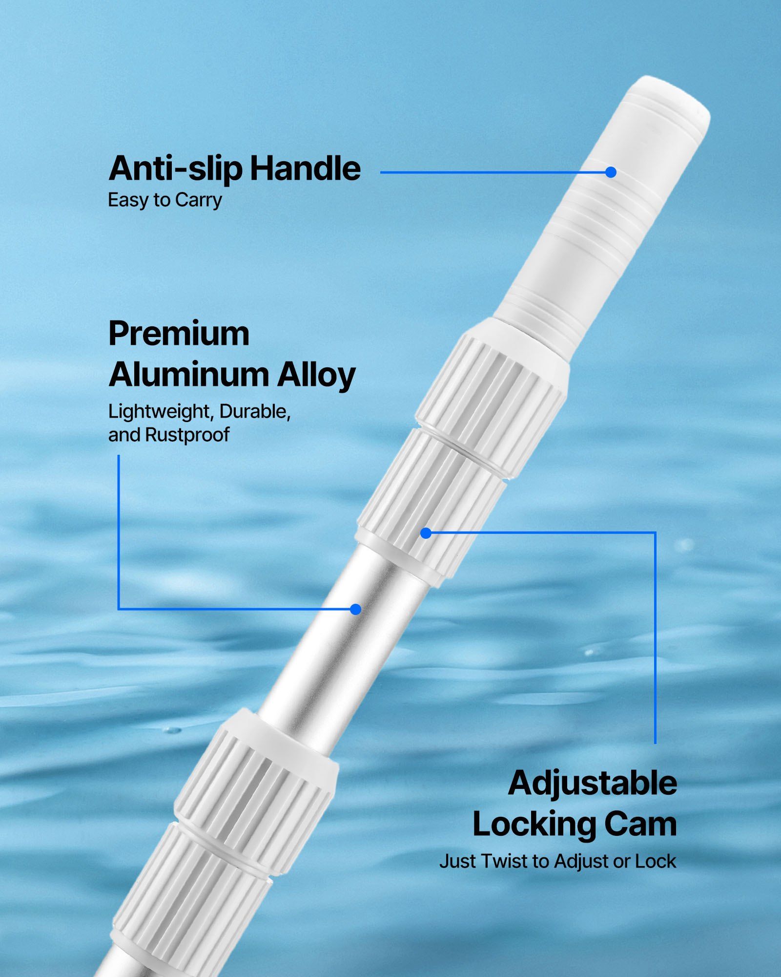 Pool Pole, 1 to 3.66 m Telescoping Swimming Pool Cleaning Poles, Professional Adjustable Telescopic Pole with Extension Pole, Heavy Duty Cleaner Stick for Skimmer Net, Rake, Brush, Vacuum Head - Image 3