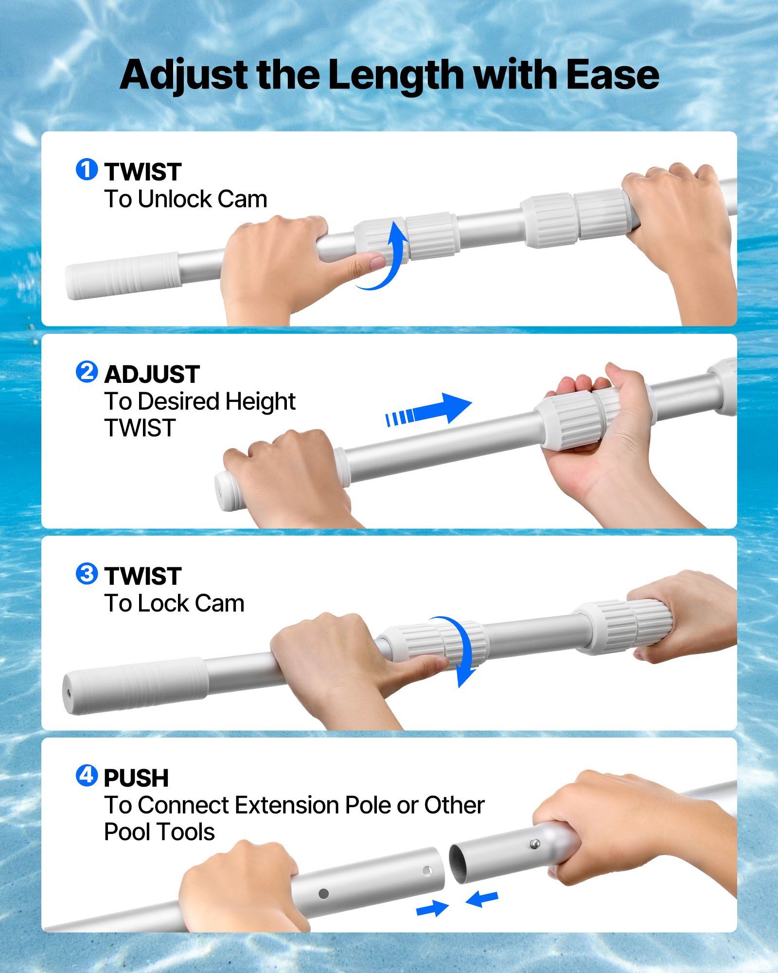 Pool Pole, 1 to 3.66 m Telescoping Swimming Pool Cleaning Poles, Professional Adjustable Telescopic Pole with Extension Pole, Heavy Duty Cleaner Stick for Skimmer Net, Rake, Brush, Vacuum Head - Image 4