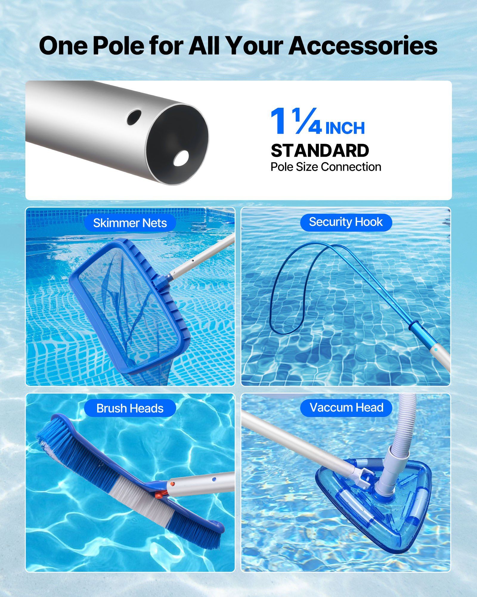 Pool Pole, 1 to 3.66 m Telescoping Swimming Pool Cleaning Poles, Professional Adjustable Telescopic Pole with Extension Pole, Heavy Duty Cleaner Stick for Skimmer Net, Rake, Brush, Vacuum Head - Image 5