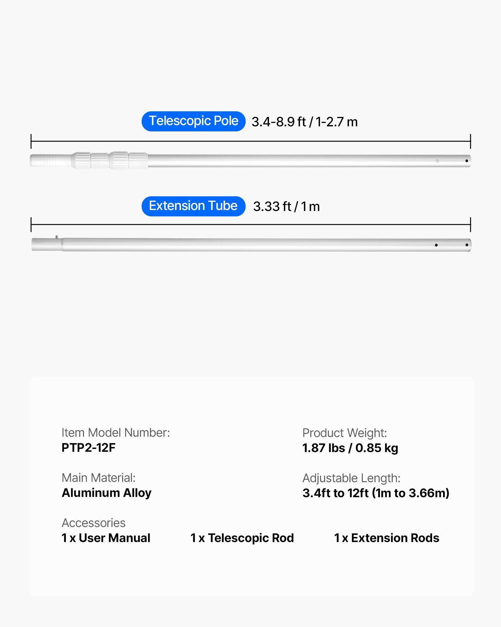 Pool Pole, 1 to 3.66 m Telescoping Swimming Pool Cleaning Poles, Professional Adjustable Telescopic Pole with Extension Pole, Heavy Duty Cleaner Stick for Skimmer Net, Rake, Brush, Vacuum Head - Image 7
