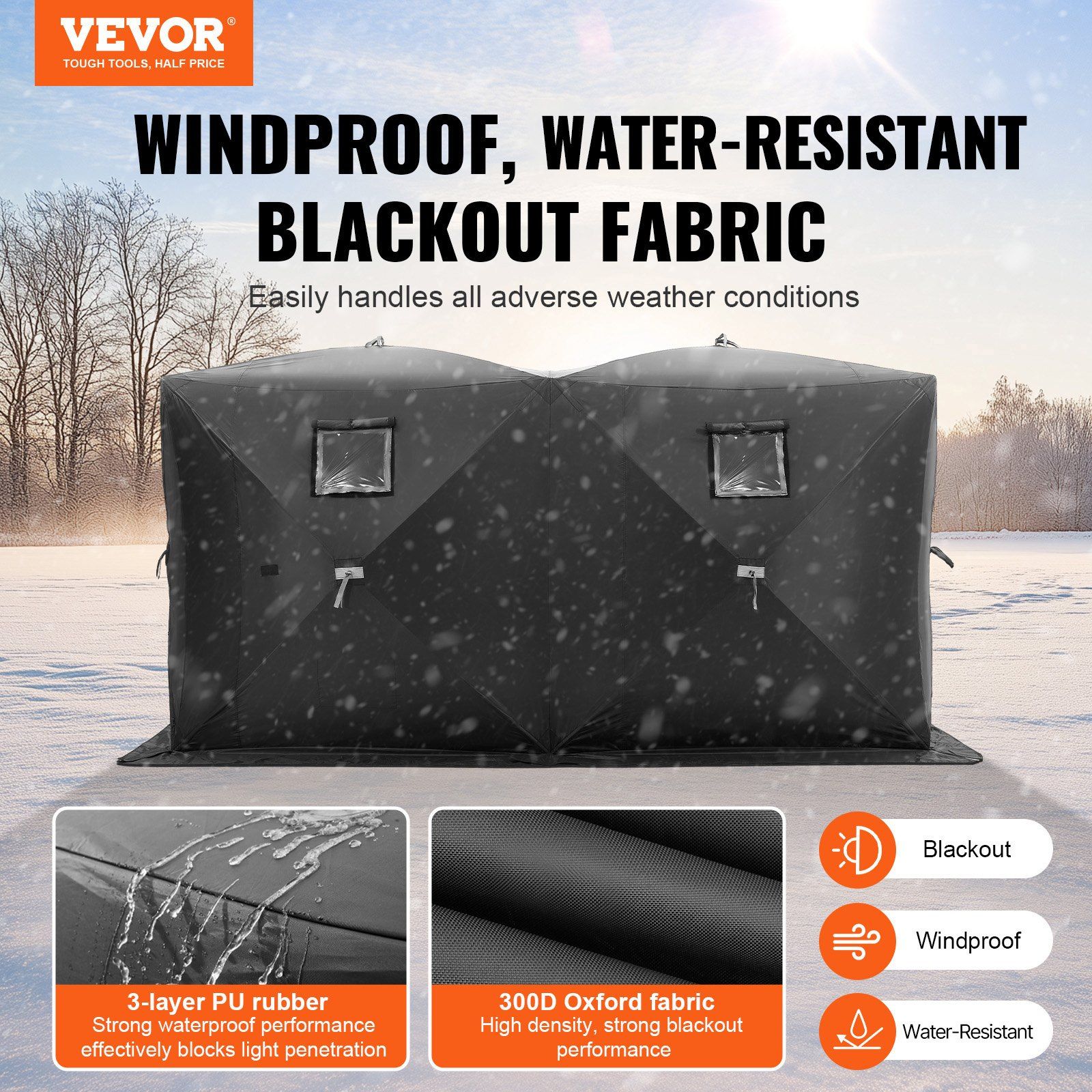 Portable Ice Shelter, 6-8 Person Pop-Up Ice Fishing Tent, 70 Square Feet Fishable Area, Ice Shanty for Winter Fishing, Waterproof Oxford Ice Cube with Anchors/Ropes/Carrying Bag, 142