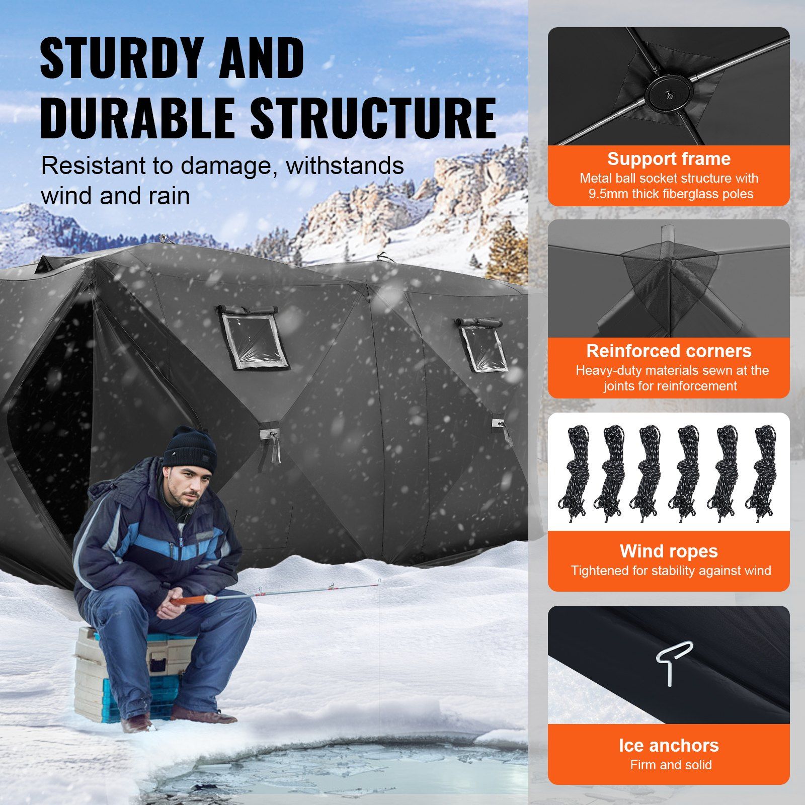 Portable Ice Shelter, 6-8 Person Pop-Up Ice Fishing Tent, 70 Square Feet Fishable Area, Ice Shanty for Winter Fishing, Waterproof Oxford Ice Cube with Anchors/Ropes/Carrying Bag, 142