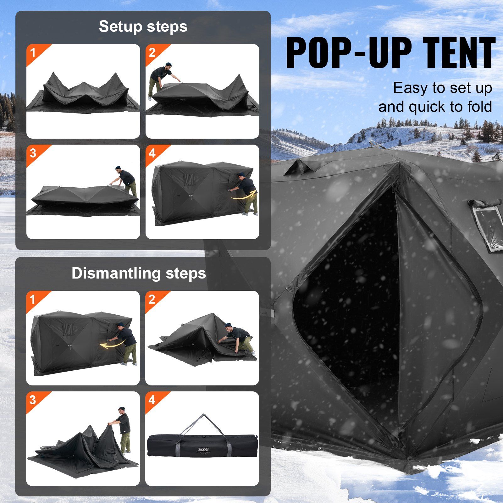 Portable Ice Shelter, 6-8 Person Pop-Up Ice Fishing Tent, 70 Square Feet Fishable Area, Ice Shanty for Winter Fishing, Waterproof Oxford Ice Cube with Anchors/Ropes/Carrying Bag, 142