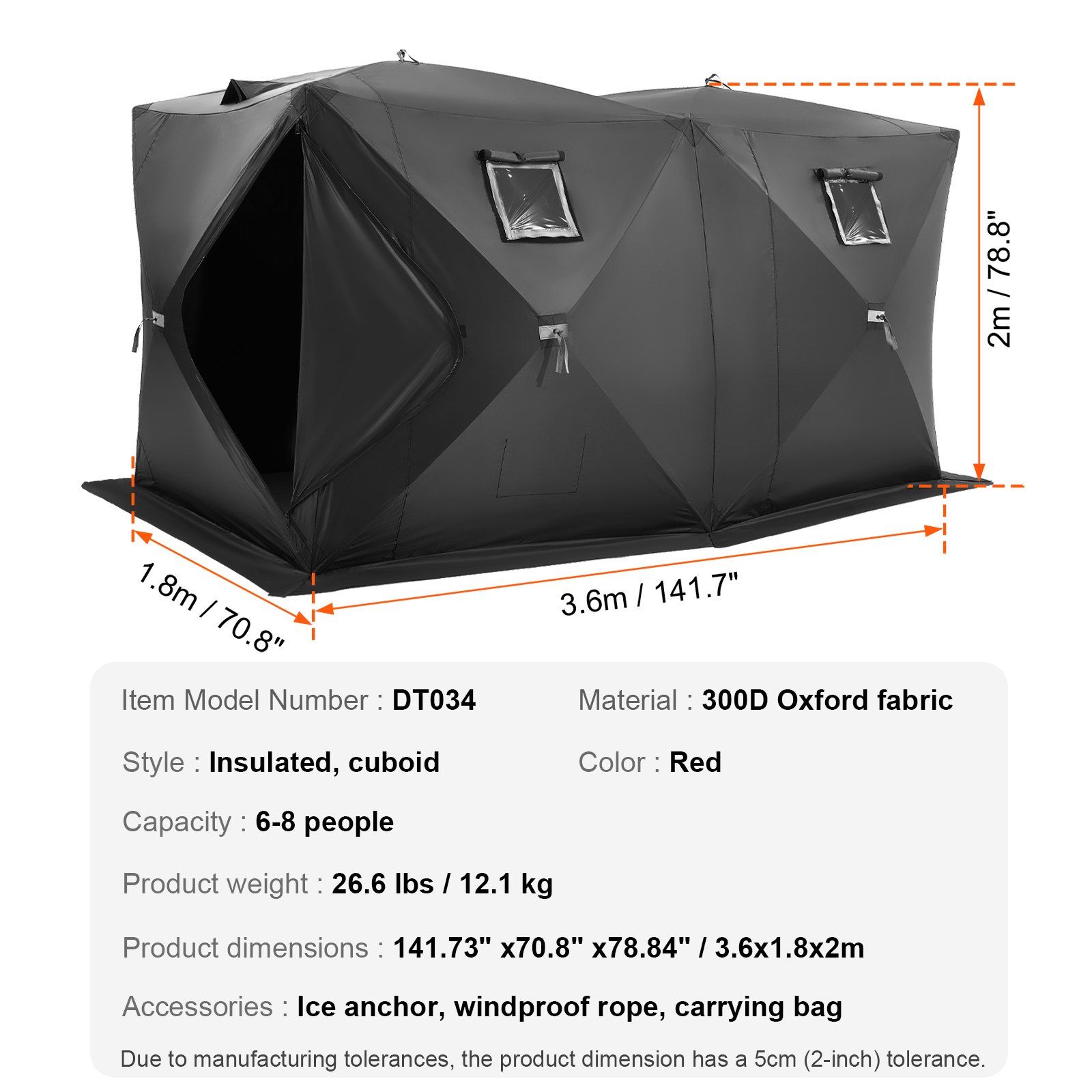 Portable Ice Shelter, 6-8 Person Pop-Up Ice Fishing Tent, 70 Square Feet Fishable Area, Ice Shanty for Winter Fishing, Waterproof Oxford Ice Cube with Anchors/Ropes/Carrying Bag, 142