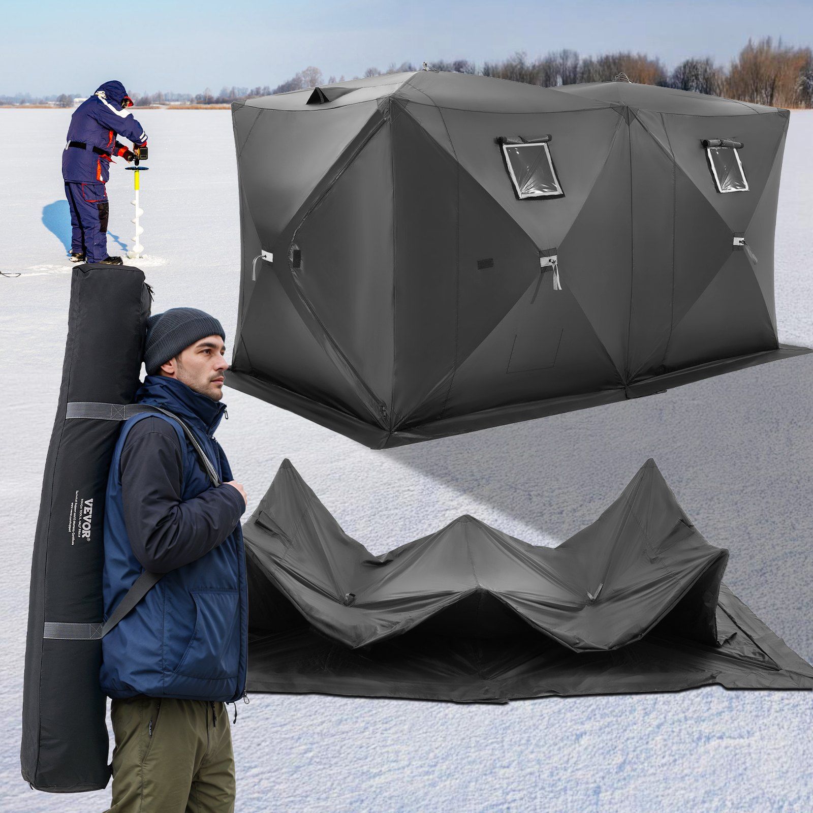 Portable Ice Shelter, 6-8 Person Pop-Up Ice Fishing Tent, 70 Square Feet Fishable Area, Ice Shanty for Winter Fishing, Waterproof Oxford Ice Cube with Anchors/Ropes/Carrying Bag, 142