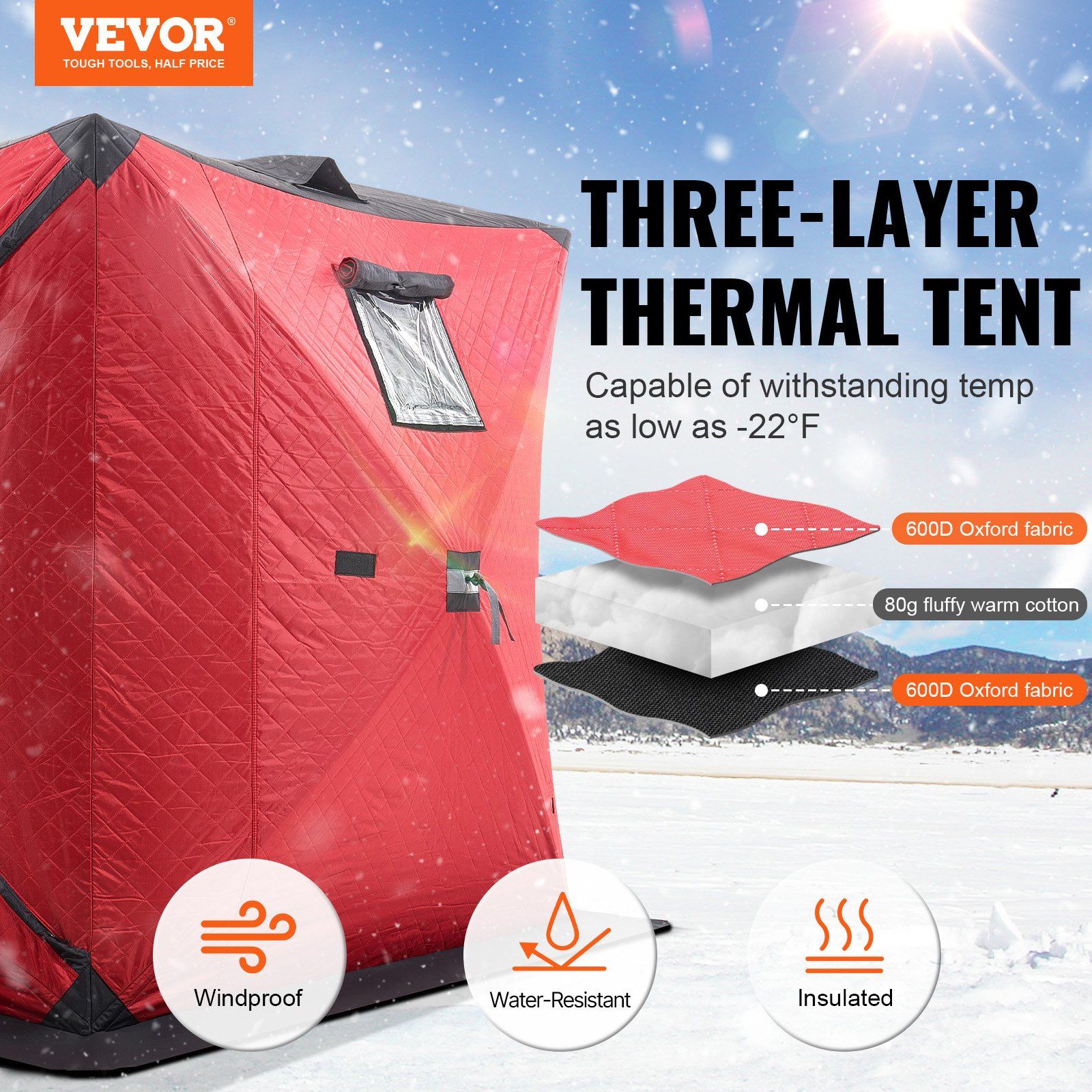 Portable Ice Shelter, 3-4 Person Insulated Pop-Up Ice Fishing Tent, 35 Square Feet Fishable Area, Thermal Ice Shanty for Winter Fishing, Ice Cube with Anchors, Ropes, Carrying Bag, 71