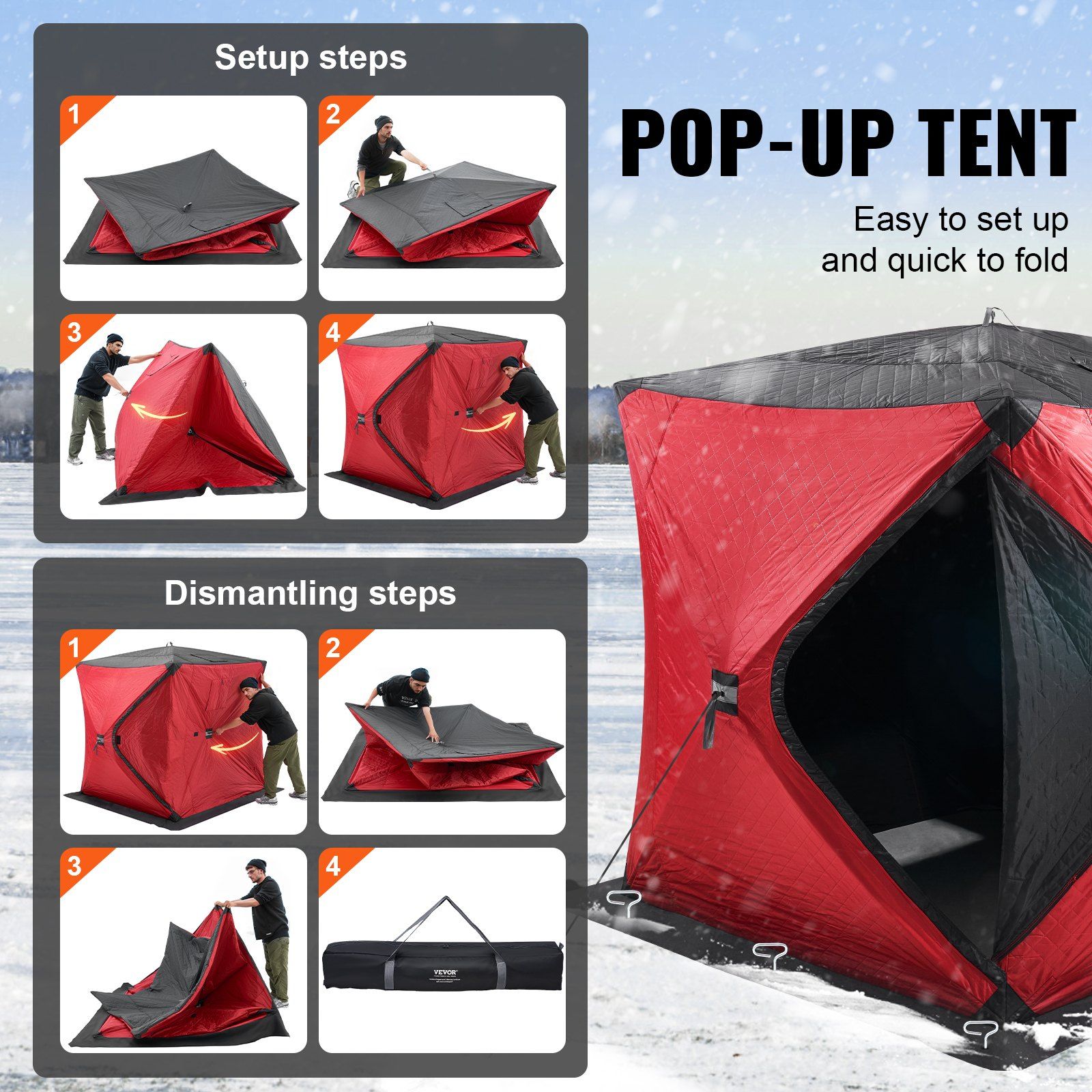 Portable Ice Shelter, 3-4 Person Insulated Pop-Up Ice Fishing Tent, 35 Square Feet Fishable Area, Thermal Ice Shanty for Winter Fishing, Ice Cube with Anchors, Ropes, Carrying Bag, 71
