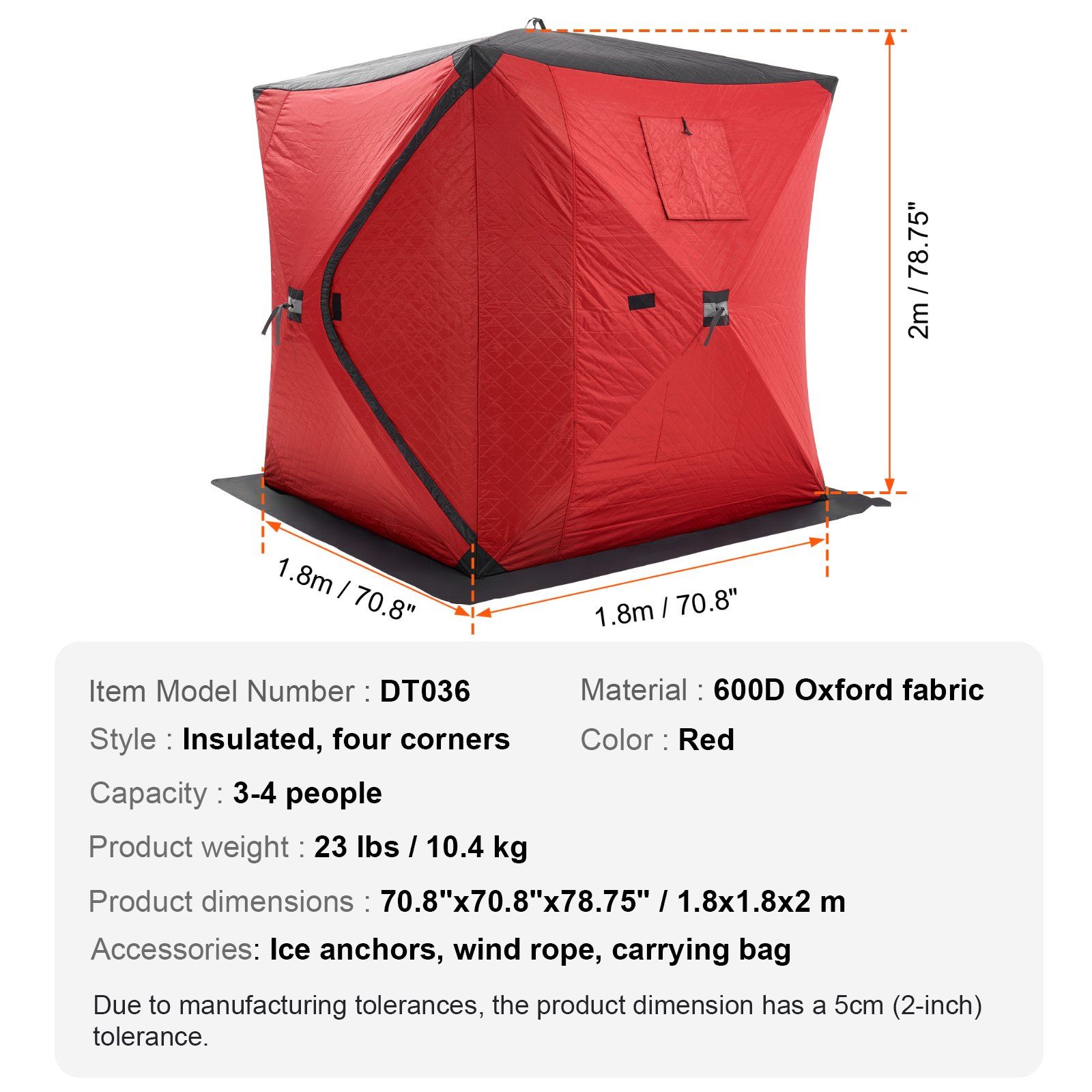 Portable Ice Shelter, 3-4 Person Insulated Pop-Up Ice Fishing Tent, 35 Square Feet Fishable Area, Thermal Ice Shanty for Winter Fishing, Ice Cube with Anchors, Ropes, Carrying Bag, 71