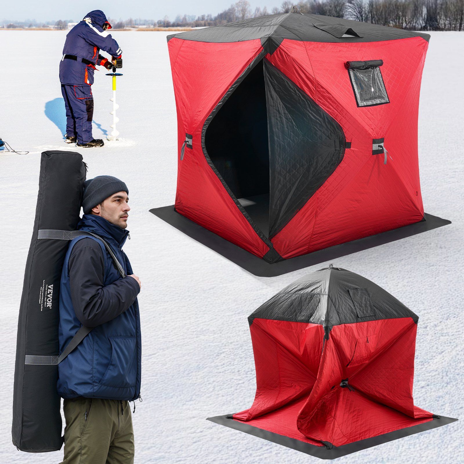 Portable Ice Shelter, 3-4 Person Insulated Pop-Up Ice Fishing Tent, 35 Square Feet Fishable Area, Thermal Ice Shanty for Winter Fishing, Ice Cube with Anchors, Ropes, Carrying Bag, 71