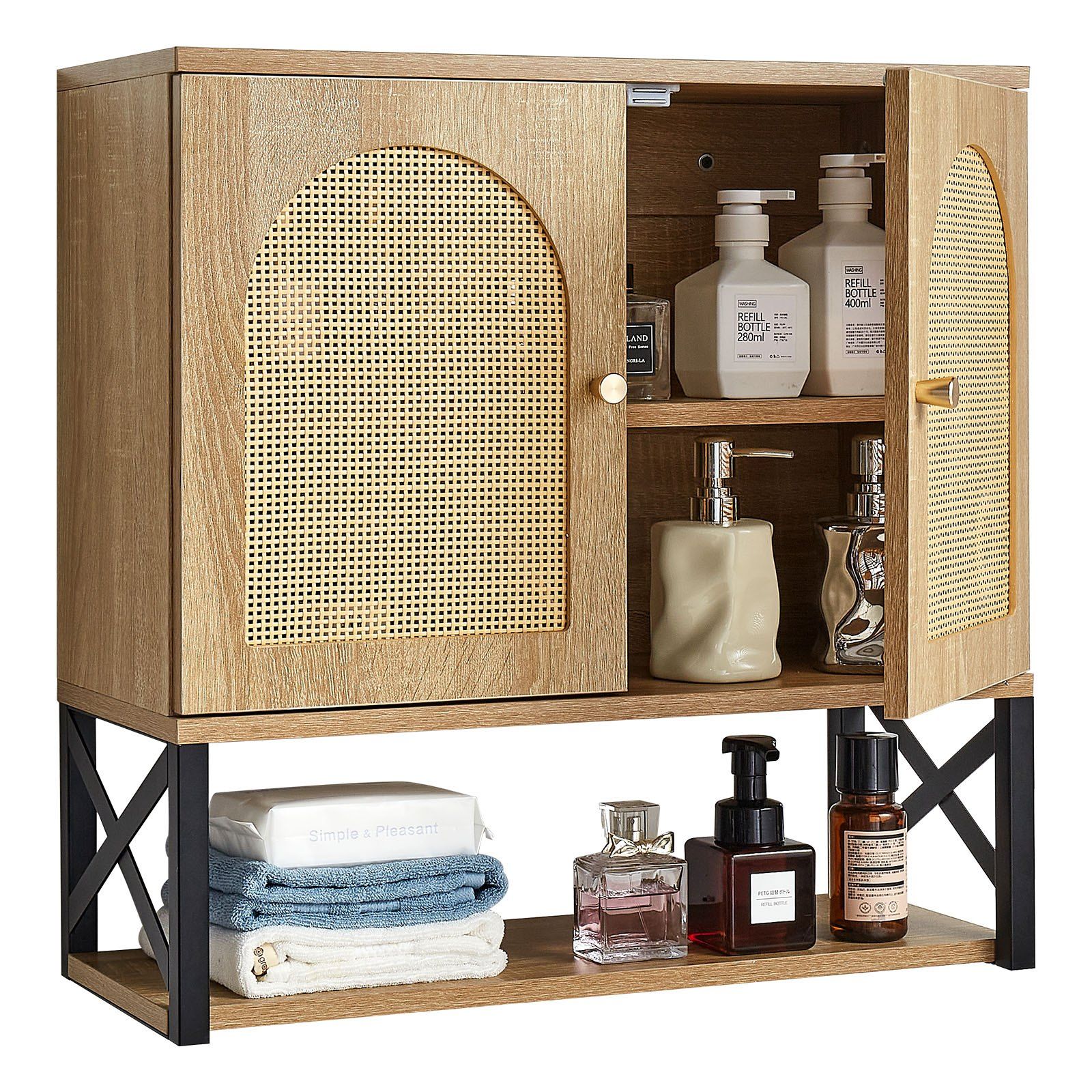 Bathroom Wall Cabinet, with 2 Doors and Adjustable Shelf, Over the Toilet Storage Medicine Cabinet Wall Mounted, Hanging Organizer with Shelves & Open Partition for Laundry Room Kitchen Restroom - Image 1