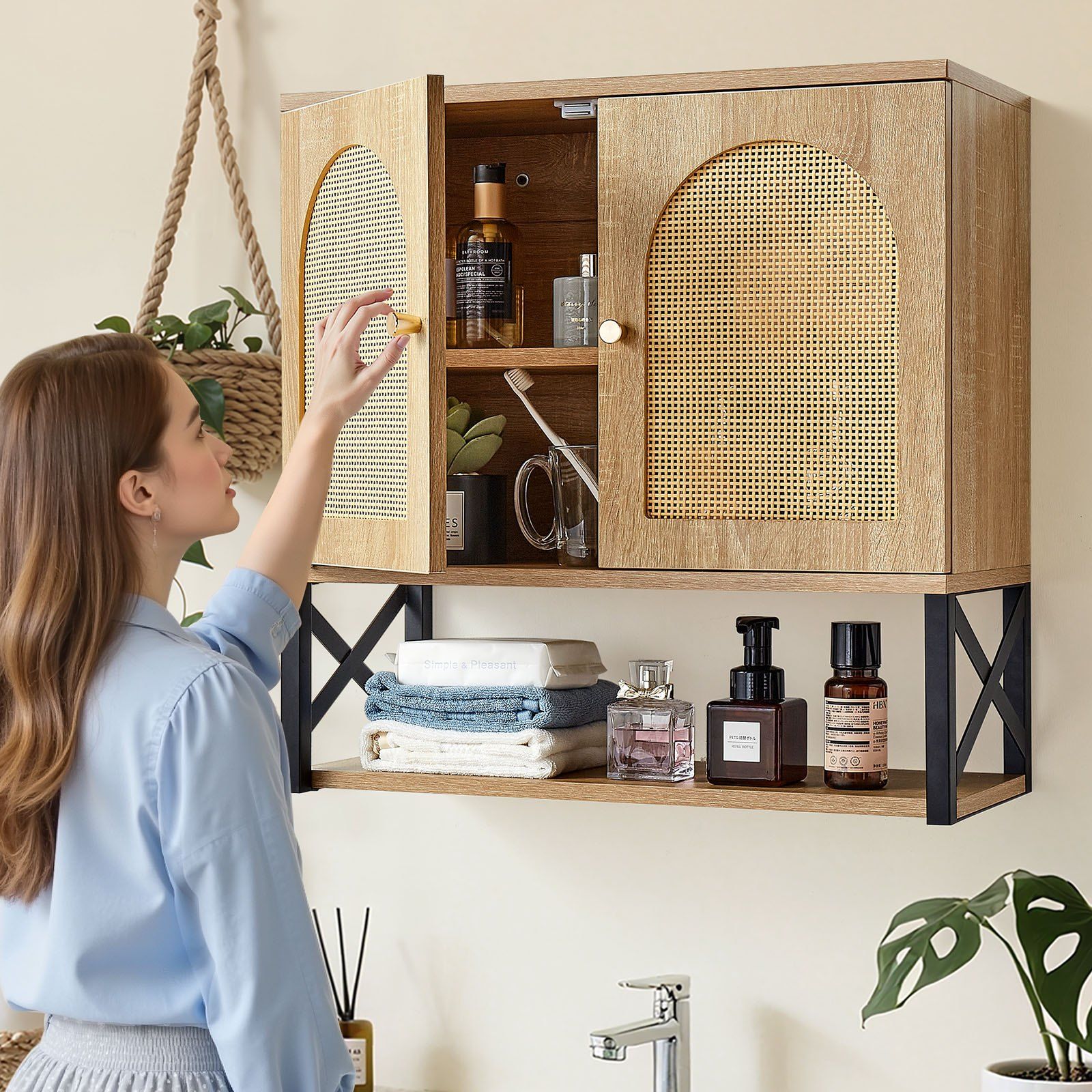 Bathroom Wall Cabinet, with 2 Doors and Adjustable Shelf, Over the Toilet Storage Medicine Cabinet Wall Mounted, Hanging Organizer with Shelves & Open Partition for Laundry Room Kitchen Restroom - Image 8