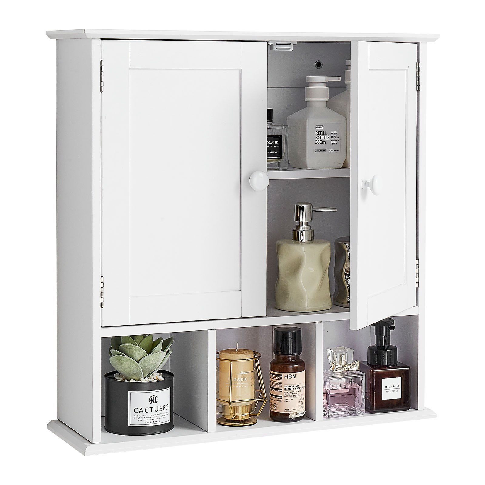 Bathroom Wall Cabinet, 2 Doors & Adjustable Shelf, Over the Toilet Storage Medicine Cabinet Wall Mounted, Hanging Organizer with Shelves & Open Partition for Laundry Room Kitchen Restroom, White - Image 1