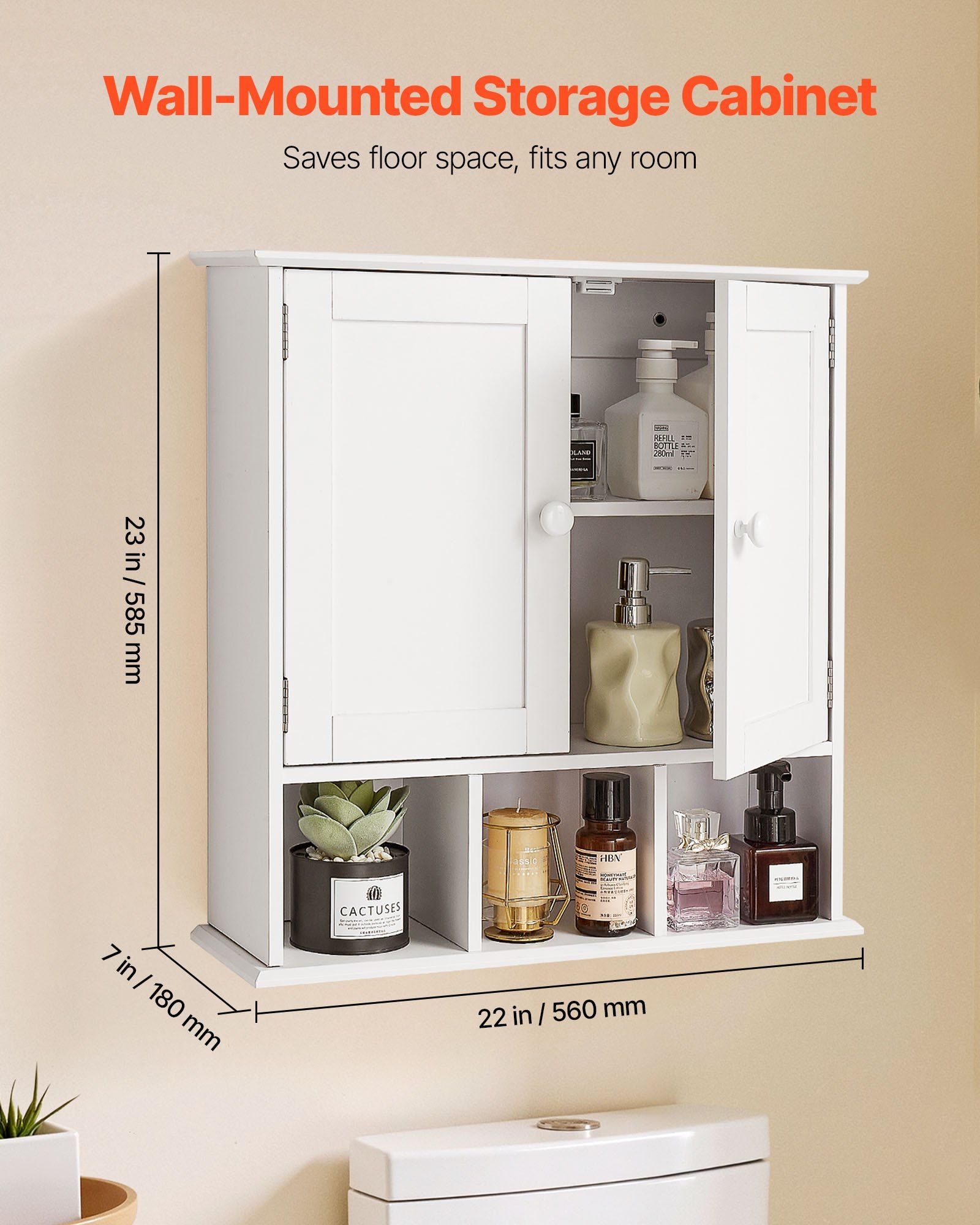 Bathroom Wall Cabinet, 2 Doors & Adjustable Shelf, Over the Toilet Storage Medicine Cabinet Wall Mounted, Hanging Organizer with Shelves & Open Partition for Laundry Room Kitchen Restroom, White - Image 2