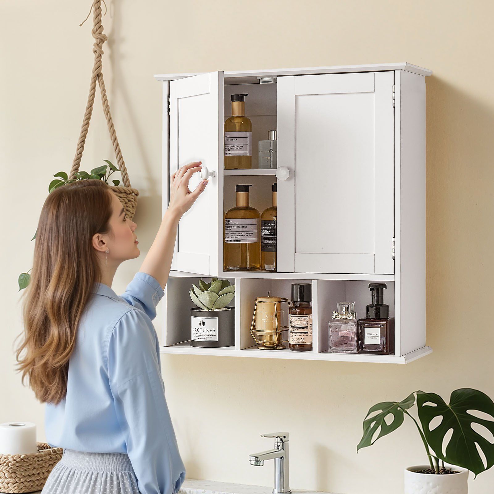 Bathroom Wall Cabinet, 2 Doors & Adjustable Shelf, Over the Toilet Storage Medicine Cabinet Wall Mounted, Hanging Organizer with Shelves & Open Partition for Laundry Room Kitchen Restroom, White - Image 8