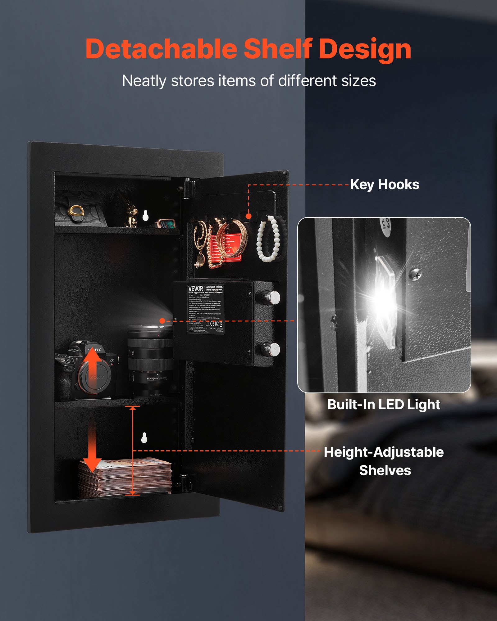 Wall Safe, 3-Tier Hidden Wall Mounted Safe with Password & Key, Q235 Cold-Rolled Steel In-Wall Box with LED Lighting, 2 Adjustable Shelves & 5 Key Holders for Money, Jewelry, Passport, Black - Image 5