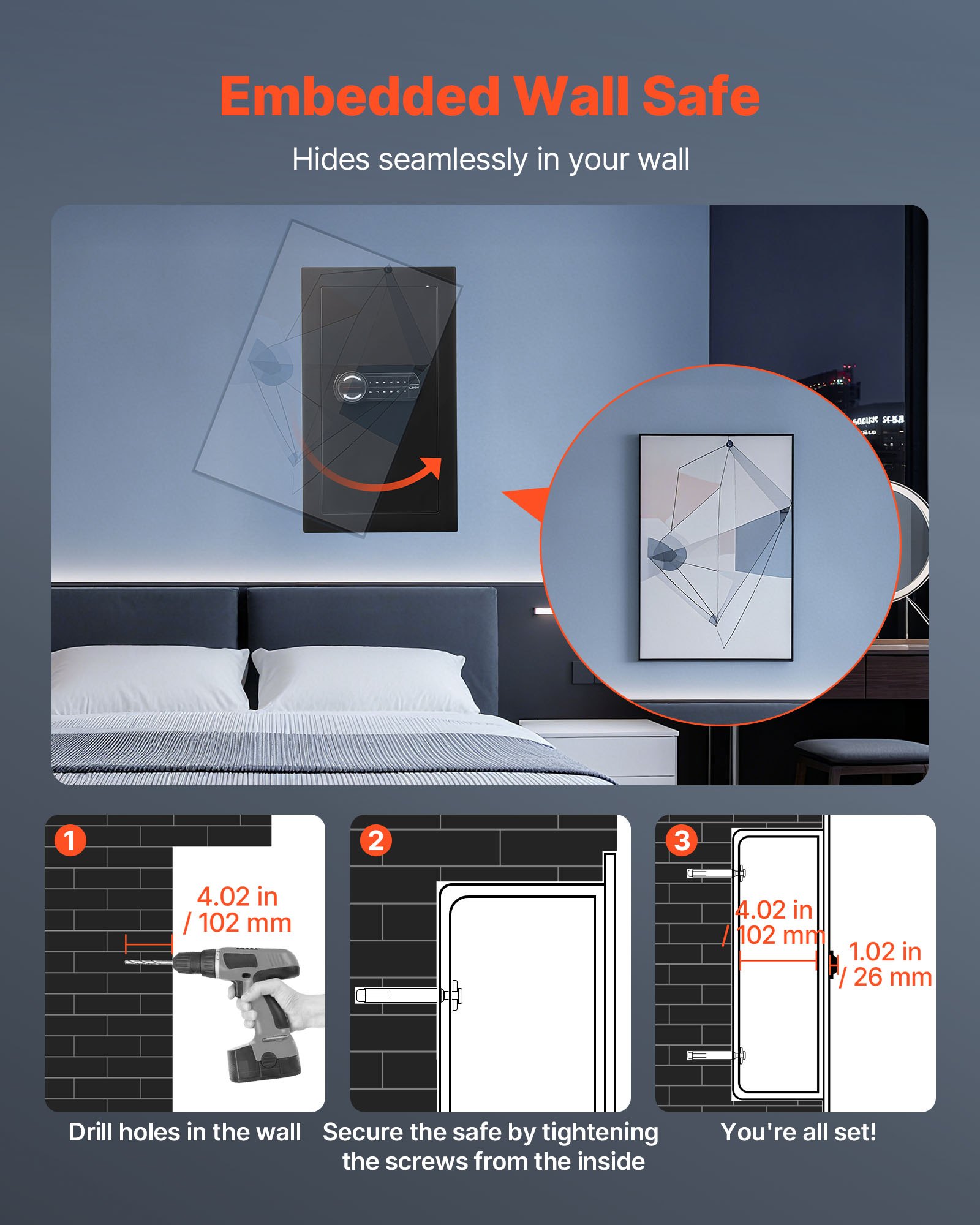 Wall Safe, 3-Tier Hidden Wall Mounted Safe with Password & Key, Q235 Cold-Rolled Steel In-Wall Box with LED Lighting, 2 Adjustable Shelves & 5 Key Holders for Money, Jewelry, Passport, Black - Image 6