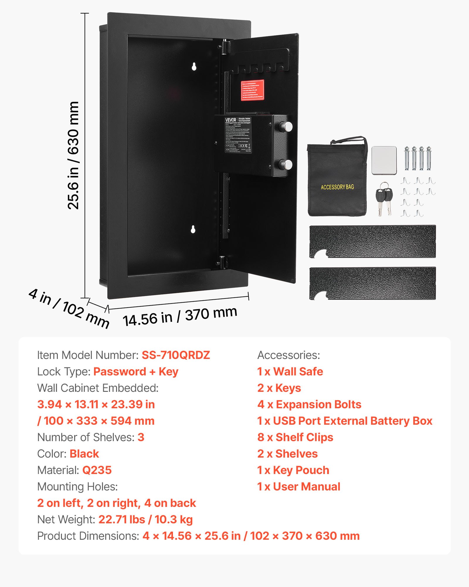 Wall Safe, 3-Tier Hidden Wall Mounted Safe with Password & Key, Q235 Cold-Rolled Steel In-Wall Box with LED Lighting, 2 Adjustable Shelves & 5 Key Holders for Money, Jewelry, Passport, Black - Image 7