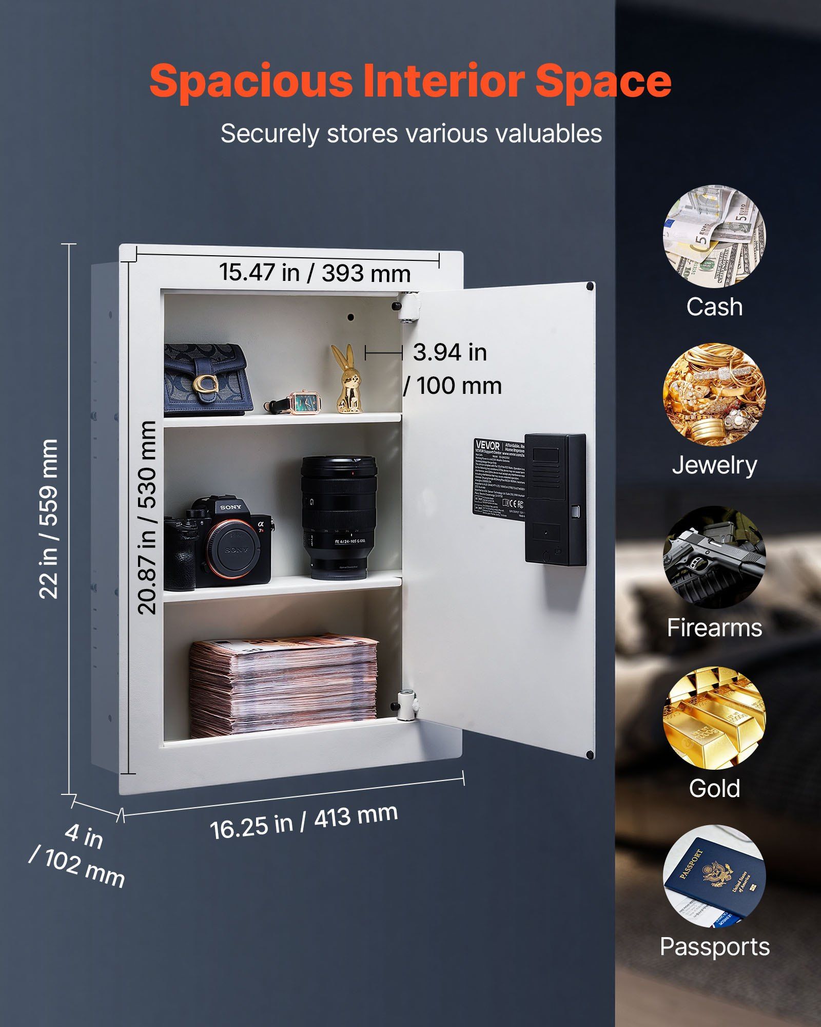 0.83 sq.ft Wall Safe, 3-Tier Hidden Wall Safe with Password, Key & Turning Knob, Q235 Cold-Rolled Steel In-Wall Box with Adjustable Shelves & Mounting Holes for Money, Jewelry, Passport, White - Image 2