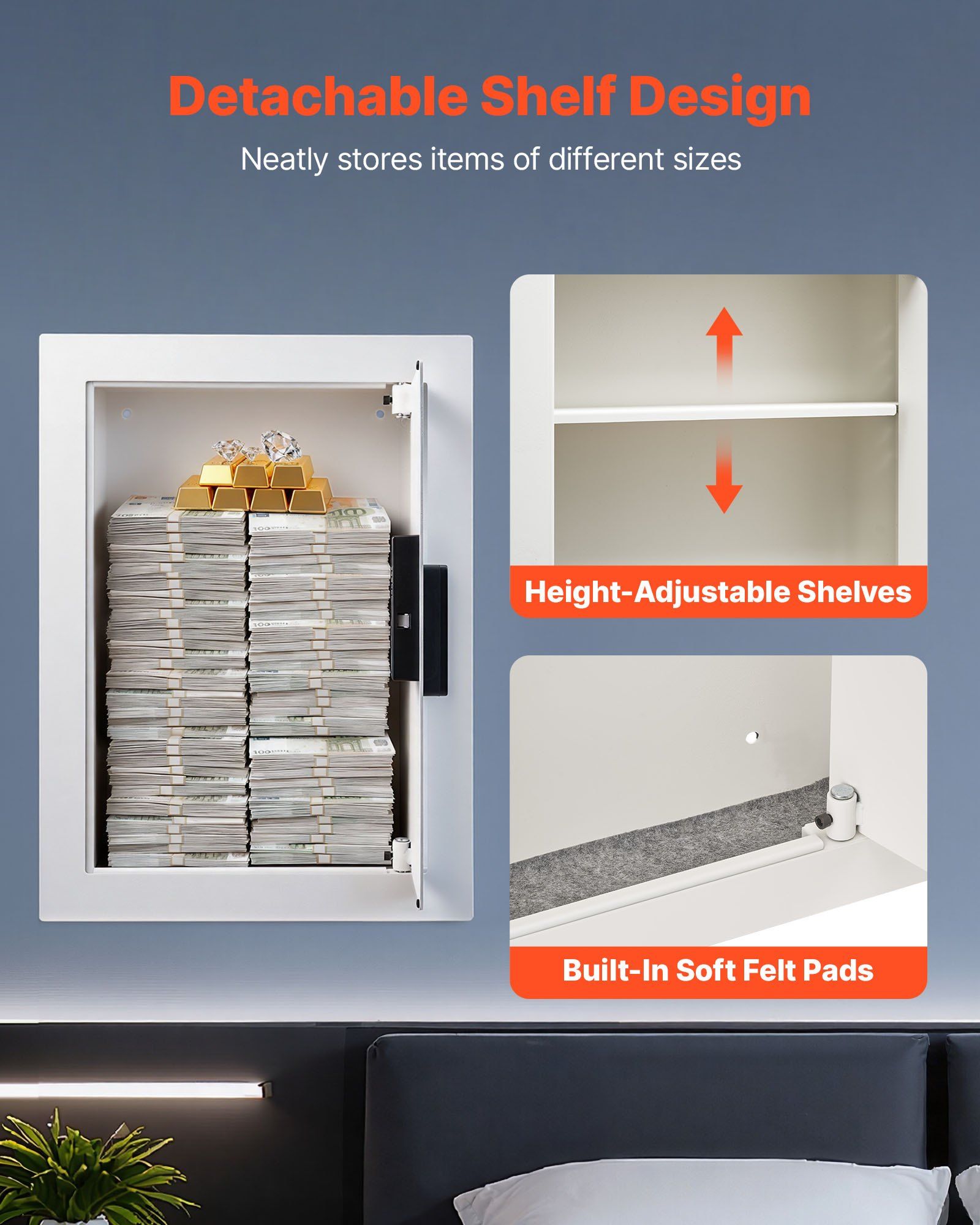 0.83 sq.ft Wall Safe, 3-Tier Hidden Wall Safe with Password, Key & Turning Knob, Q235 Cold-Rolled Steel In-Wall Box with Adjustable Shelves & Mounting Holes for Money, Jewelry, Passport, White - Image 5