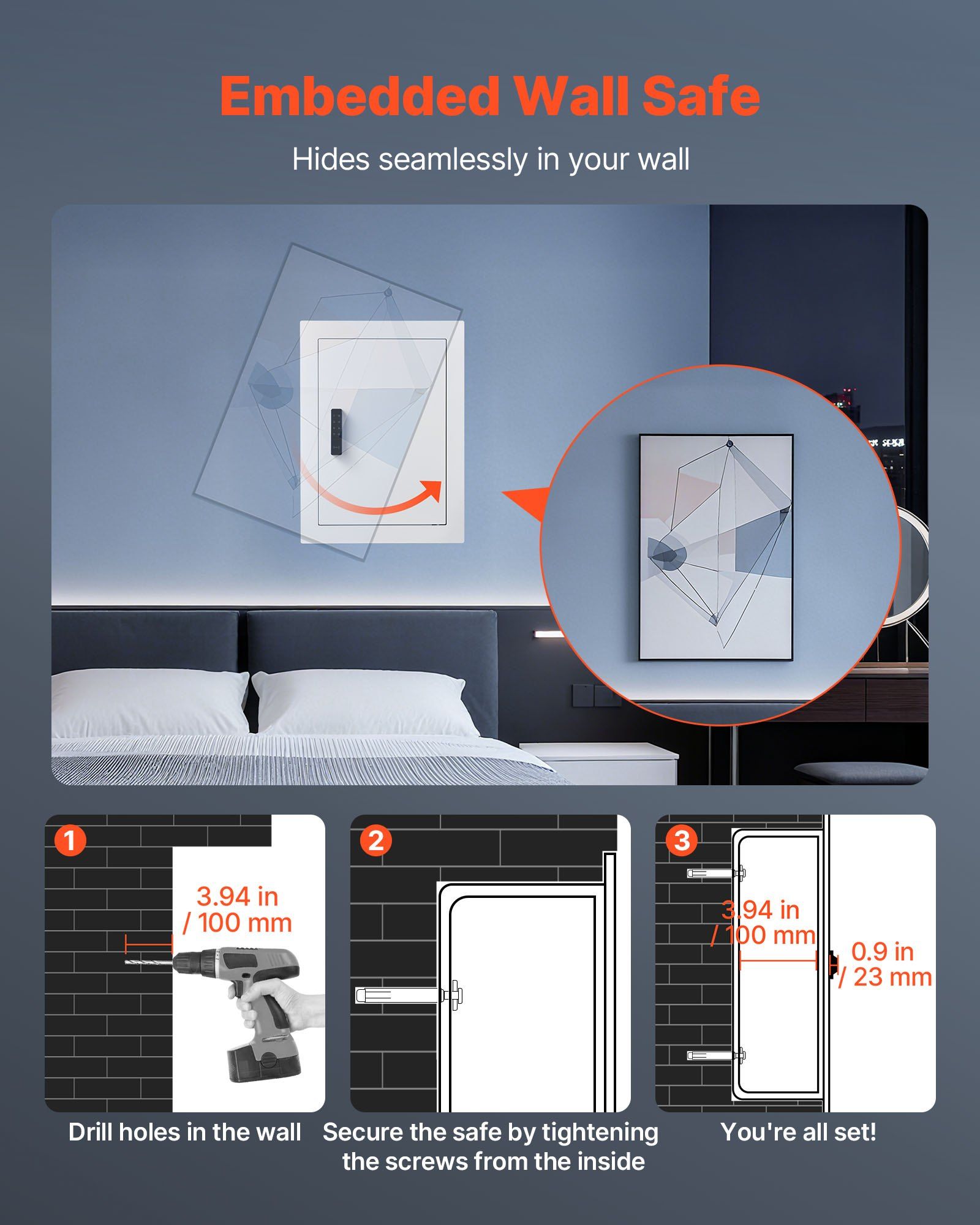 0.83 sq.ft Wall Safe, 3-Tier Hidden Wall Safe with Password, Key & Turning Knob, Q235 Cold-Rolled Steel In-Wall Box with Adjustable Shelves & Mounting Holes for Money, Jewelry, Passport, White - Image 6