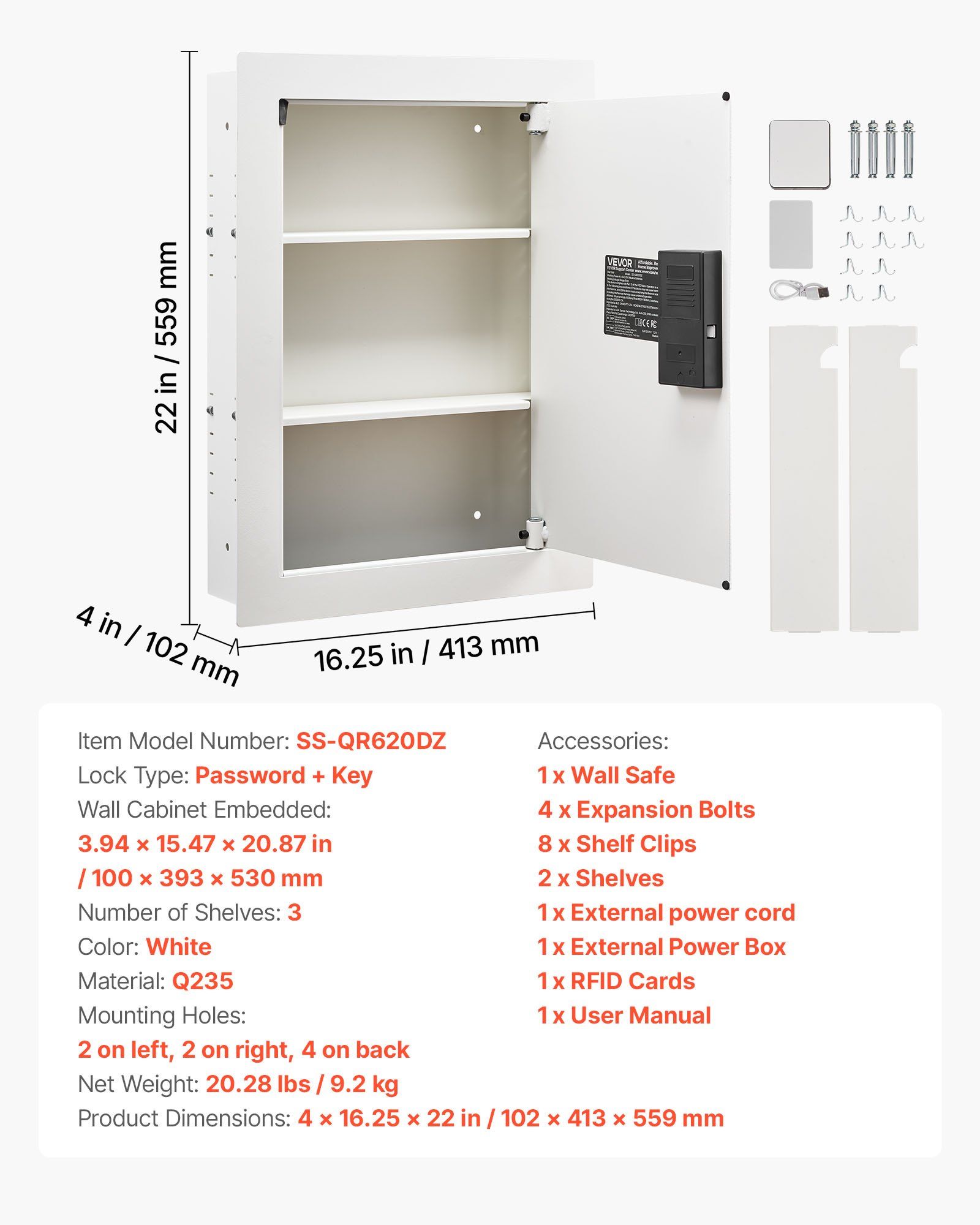 0.83 sq.ft Wall Safe, 3-Tier Hidden Wall Safe with Password, Key & Turning Knob, Q235 Cold-Rolled Steel In-Wall Box with Adjustable Shelves & Mounting Holes for Money, Jewelry, Passport, White - Image 7