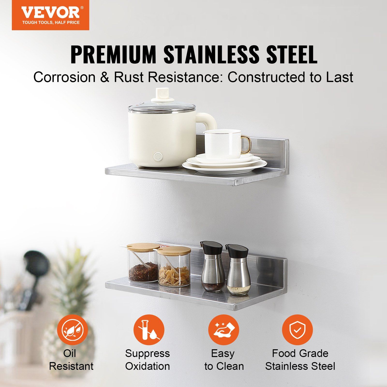 21.8 x 40.6 cm Stainless Steel Shelf, Wall Mounted Floating Shelving with Backsplash, 20 kg Load Capacity Commercial Shelves, Heavy Duty Storage Rack for Restaurant, Kitchen, Bar, Home, and Hotel - Image 2