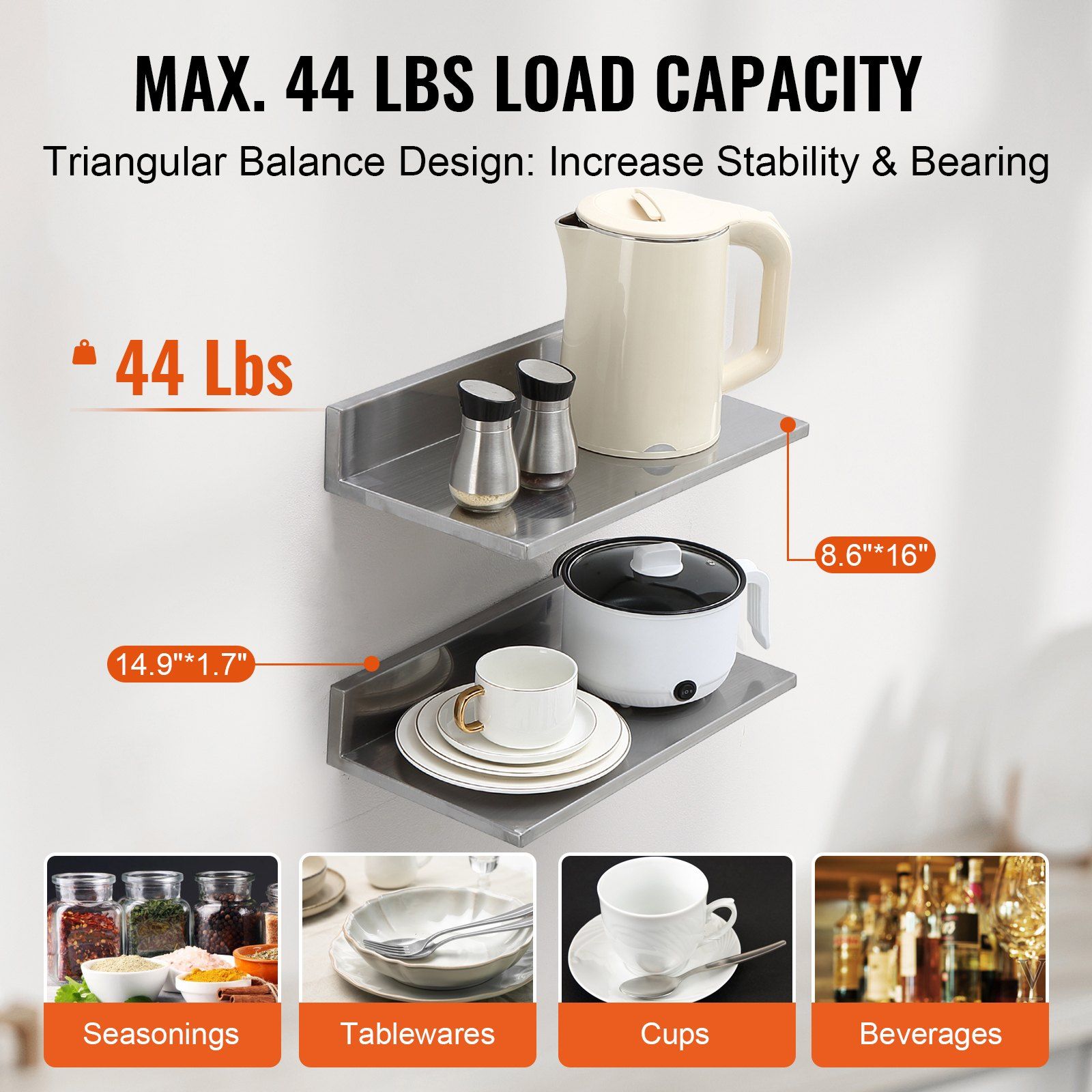 21.8 x 40.6 cm Stainless Steel Shelf, Wall Mounted Floating Shelving with Backsplash, 20 kg Load Capacity Commercial Shelves, Heavy Duty Storage Rack for Restaurant, Kitchen, Bar, Home, and Hotel - Image 3