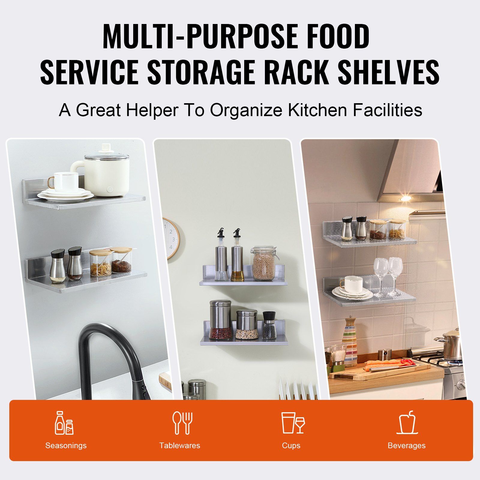 21.8 x 40.6 cm Stainless Steel Shelf, Wall Mounted Floating Shelving with Backsplash, 20 kg Load Capacity Commercial Shelves, Heavy Duty Storage Rack for Restaurant, Kitchen, Bar, Home, and Hotel - Image 6