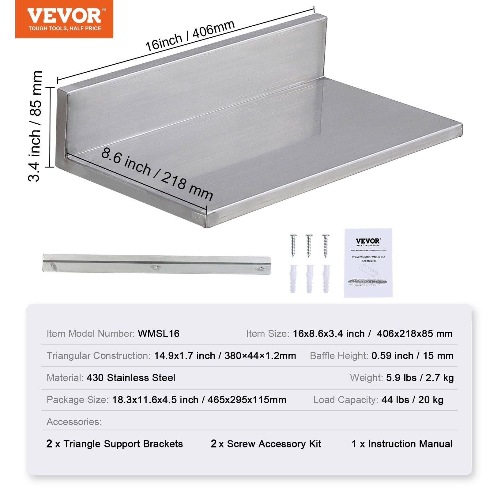 21.8 x 40.6 cm Stainless Steel Shelf, Wall Mounted Floating Shelving with Backsplash, 20 kg Load Capacity Commercial Shelves, Heavy Duty Storage Rack for Restaurant, Kitchen, Bar, Home, and Hotel - Image 7