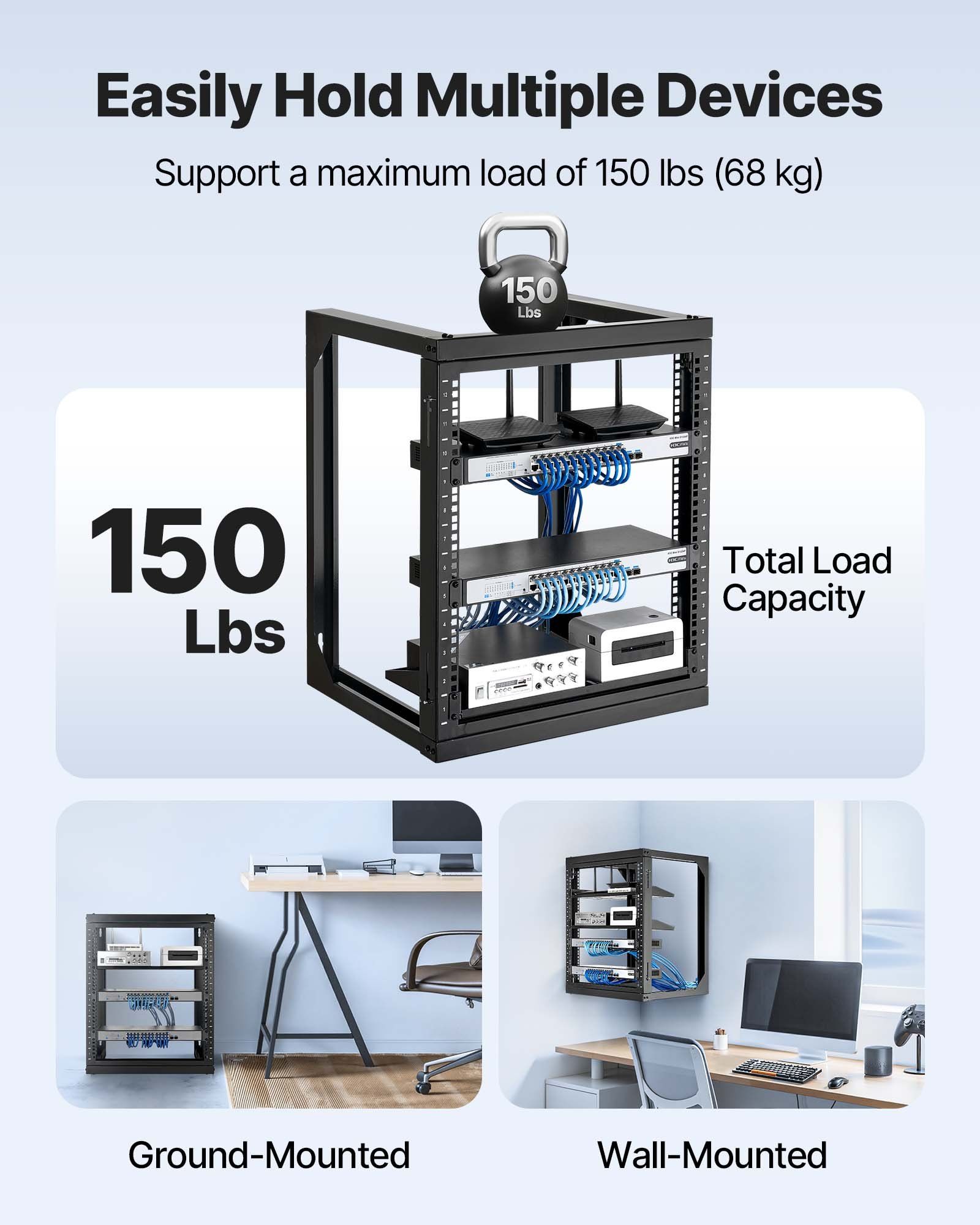 12U Wall Mount Server Rack, 68.04 kg Max Load Capacity, Open Frame Network Rack with 180 Degrees Gate Swing Door, Carbon Steel, Ideal for IT Network Equipment & AV Devices Computer Server, Black - Image 3