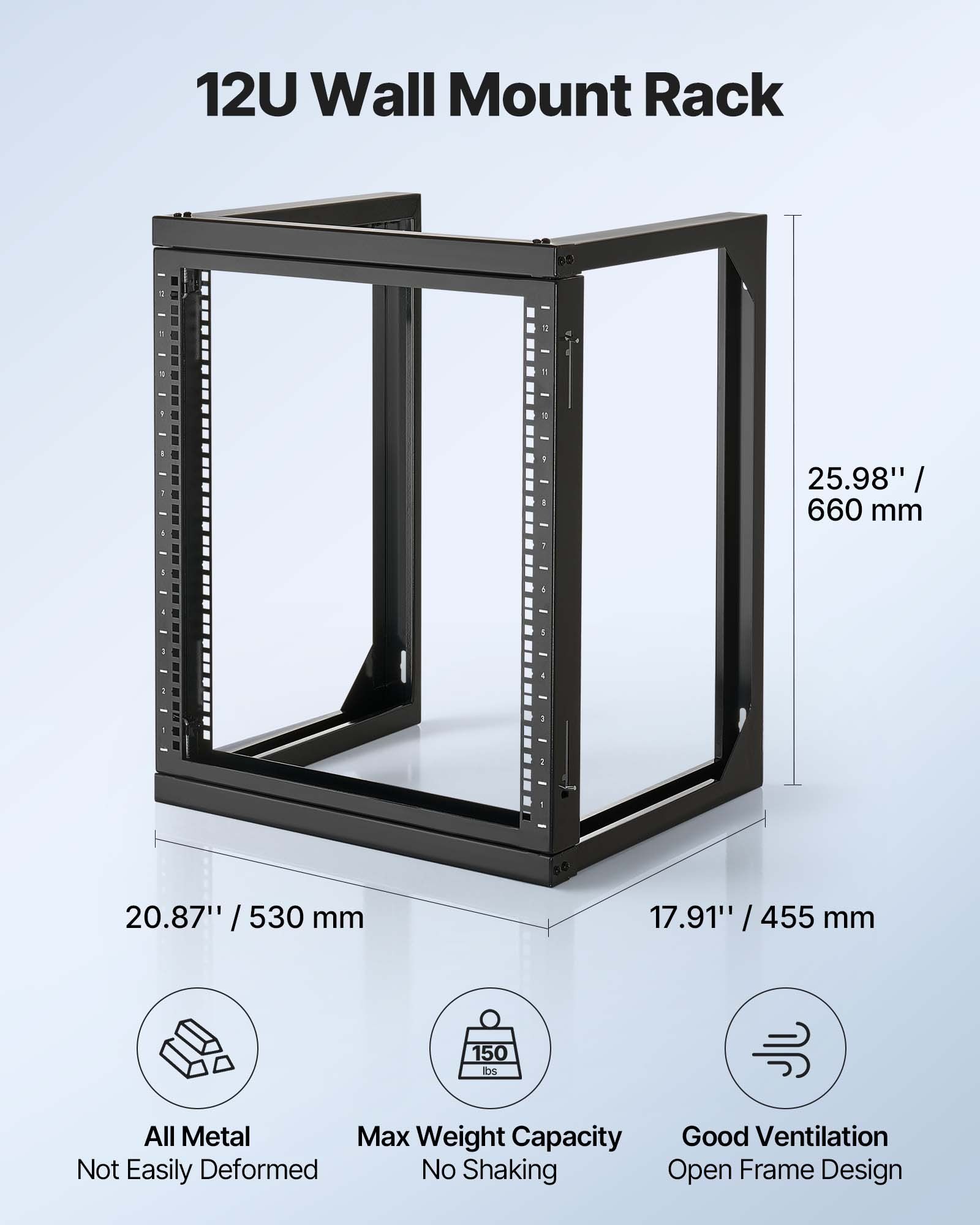 12U Wall Mount Server Rack, 68.04 kg Max Load Capacity, Open Frame Network Rack with 180 Degrees Gate Swing Door, Carbon Steel, Ideal for IT Network Equipment & AV Devices Computer Server, Black - Image 4