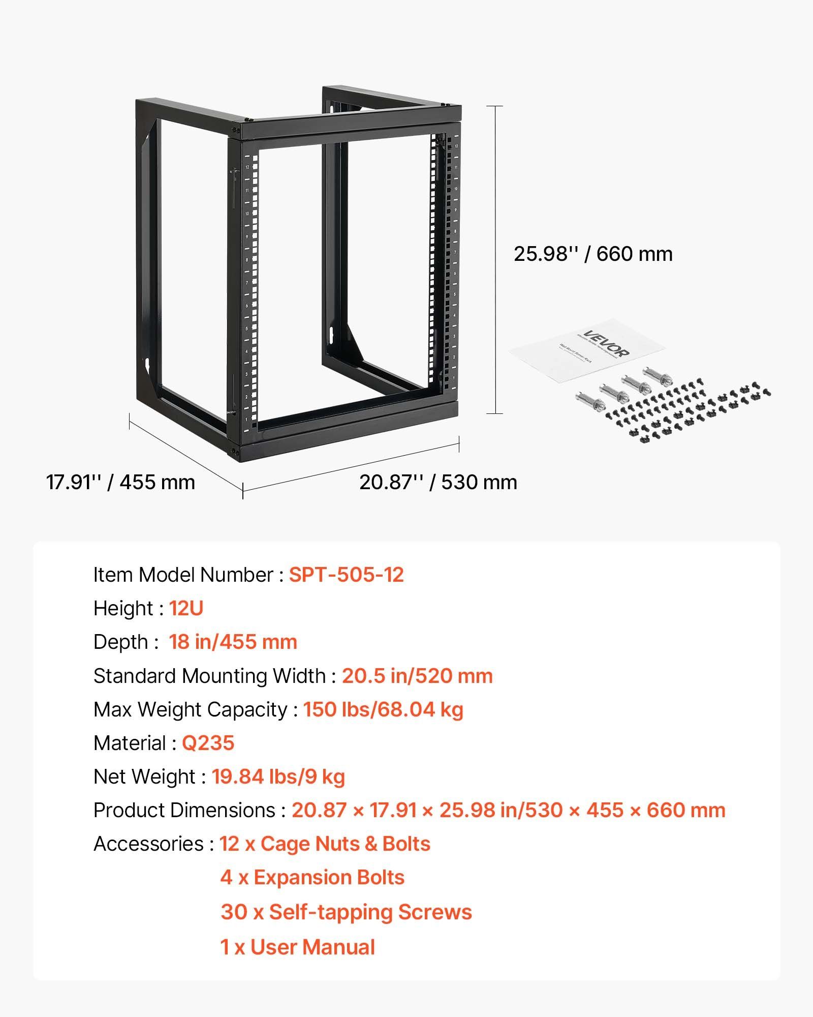 12U Wall Mount Server Rack, 68.04 kg Max Load Capacity, Open Frame Network Rack with 180 Degrees Gate Swing Door, Carbon Steel, Ideal for IT Network Equipment & AV Devices Computer Server, Black - Image 7