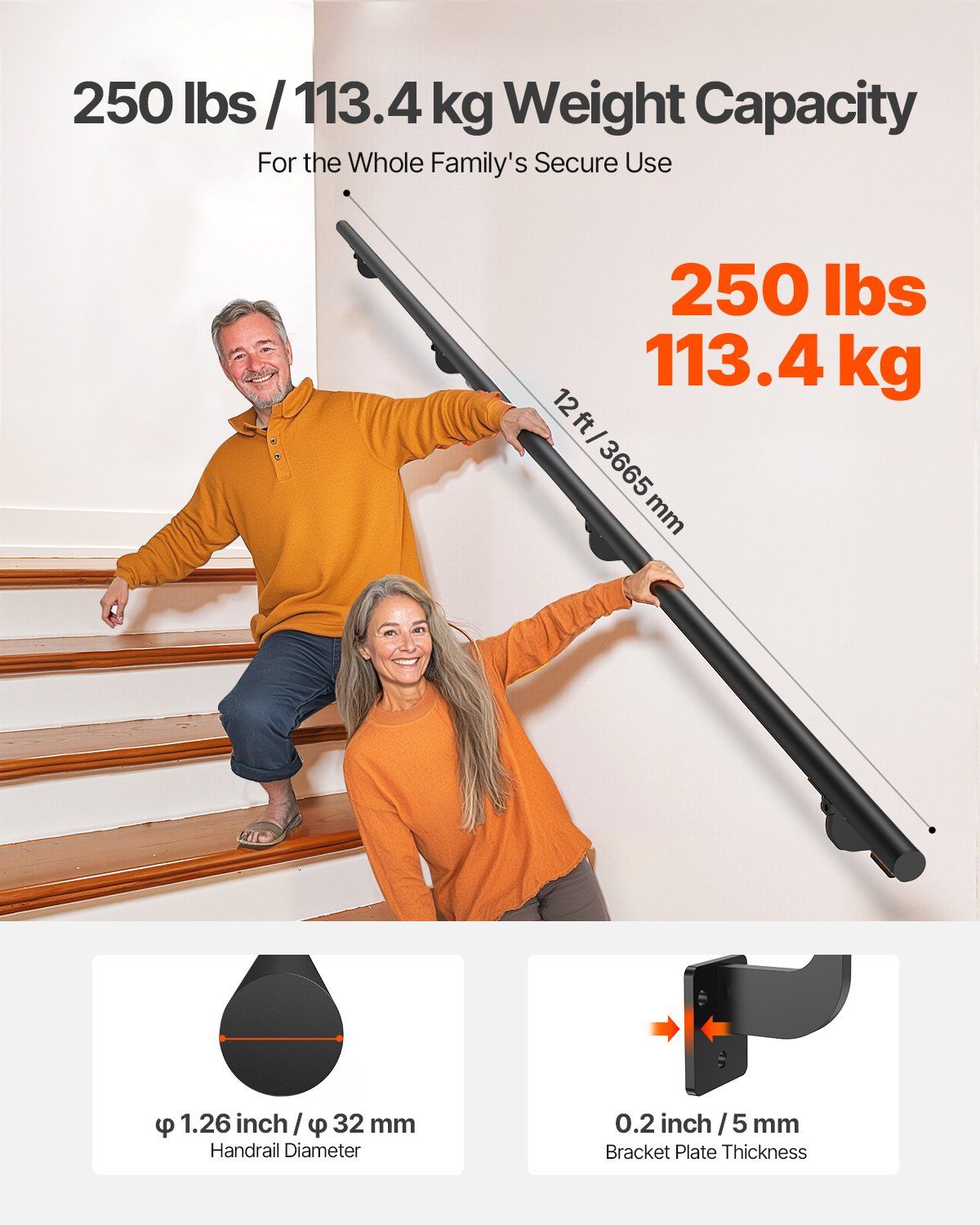 Wall Mounted Stair Handrail, 3665mm Pipe Staircase Handrail, Black Galvanized Aluminum, 32mm Pipe Diameter, Indoor&Outdoor Staircase Railing, Industrial Hand Rail for Steps, Security Baluster - Image 3