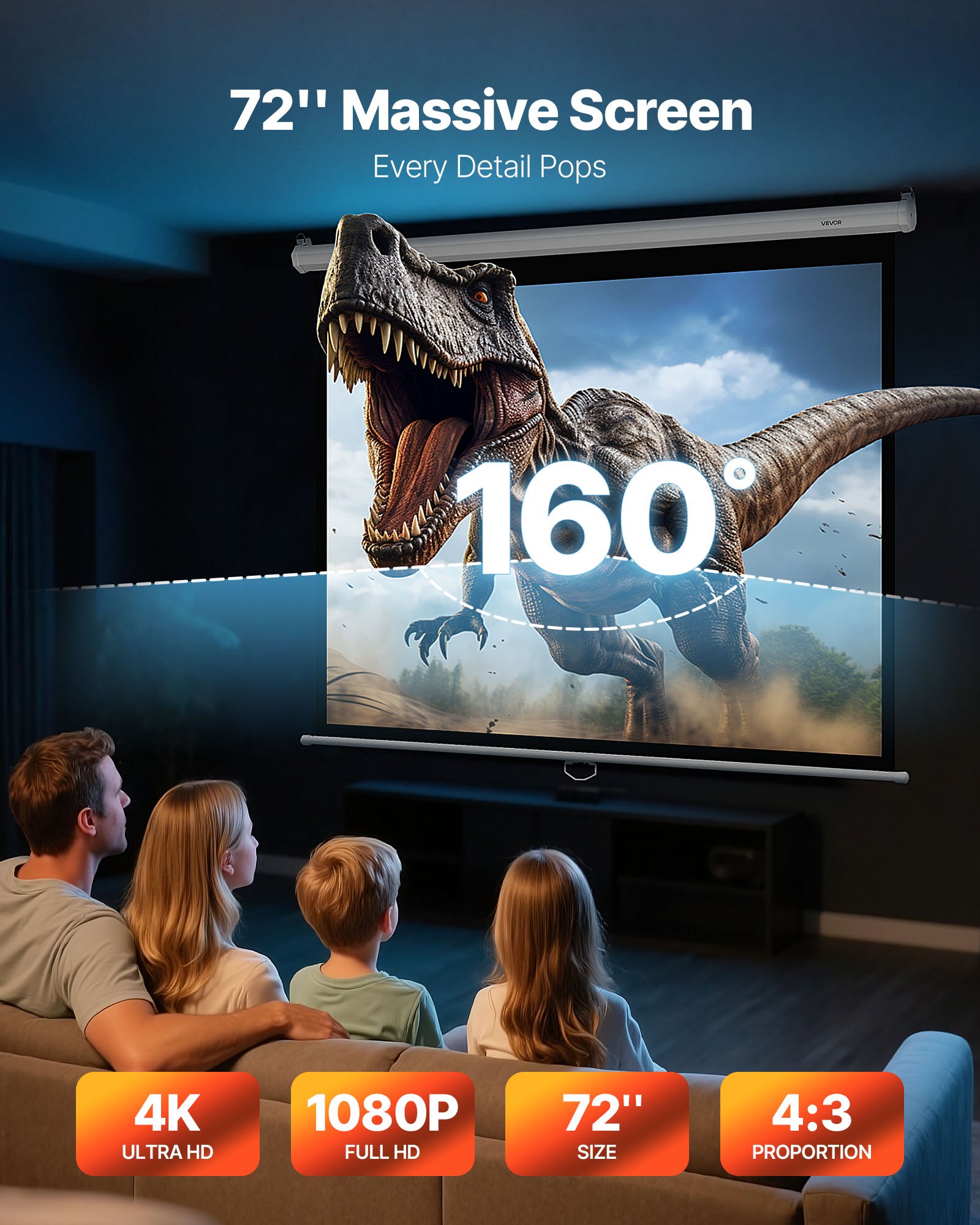 Manual Projector Screen, 1829 mm 4:3 4K 1080 HD Retractable Pull Down Projector Screen, Wall Mounted Movie Projection with Pull Rope, Portable Display Projectoin for Family Home Office Theater - Image 2