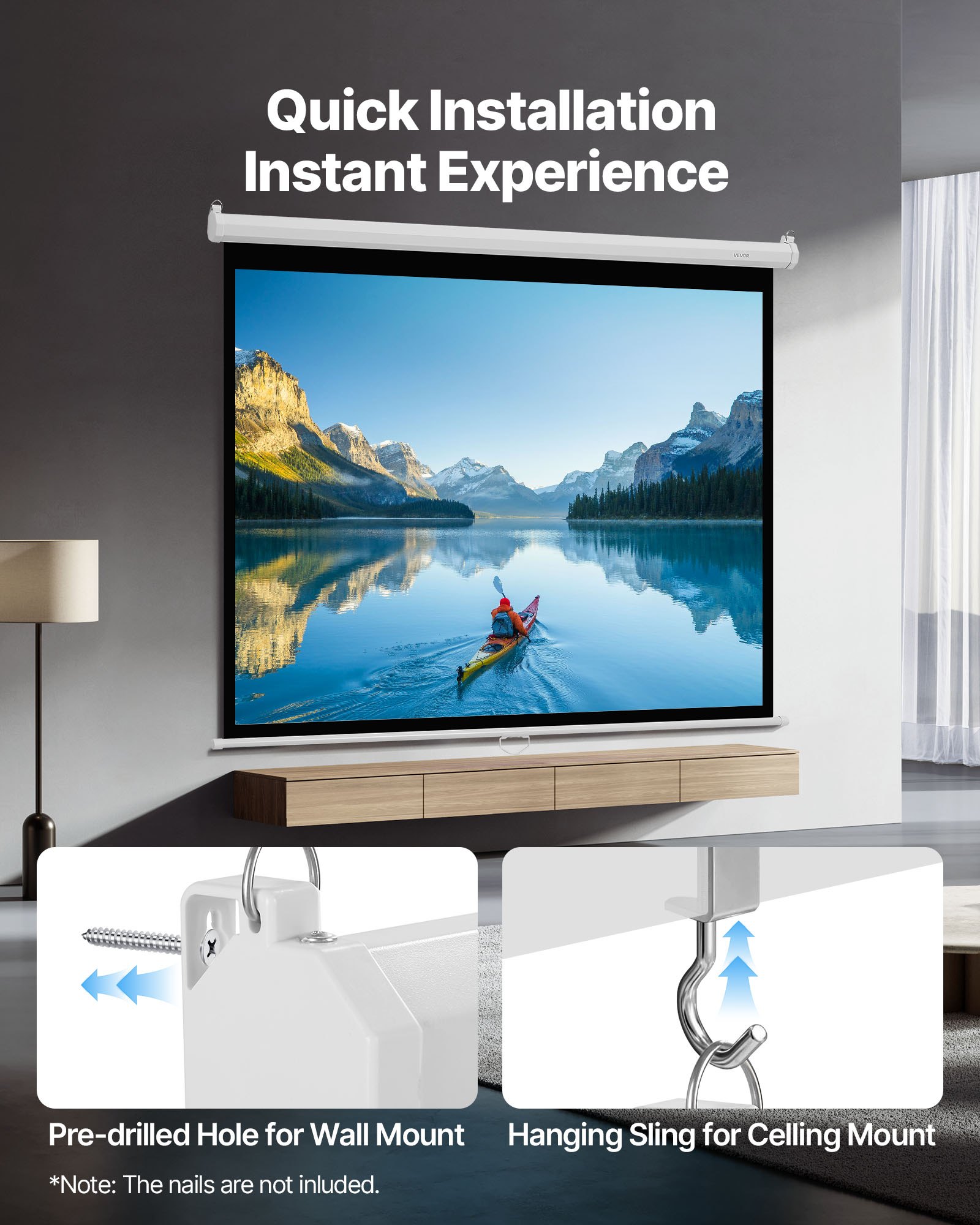 Manual Projector Screen, 1829 mm 4:3 4K 1080 HD Retractable Pull Down Projector Screen, Wall Mounted Movie Projection with Pull Rope, Portable Display Projectoin for Family Home Office Theater - Image 5