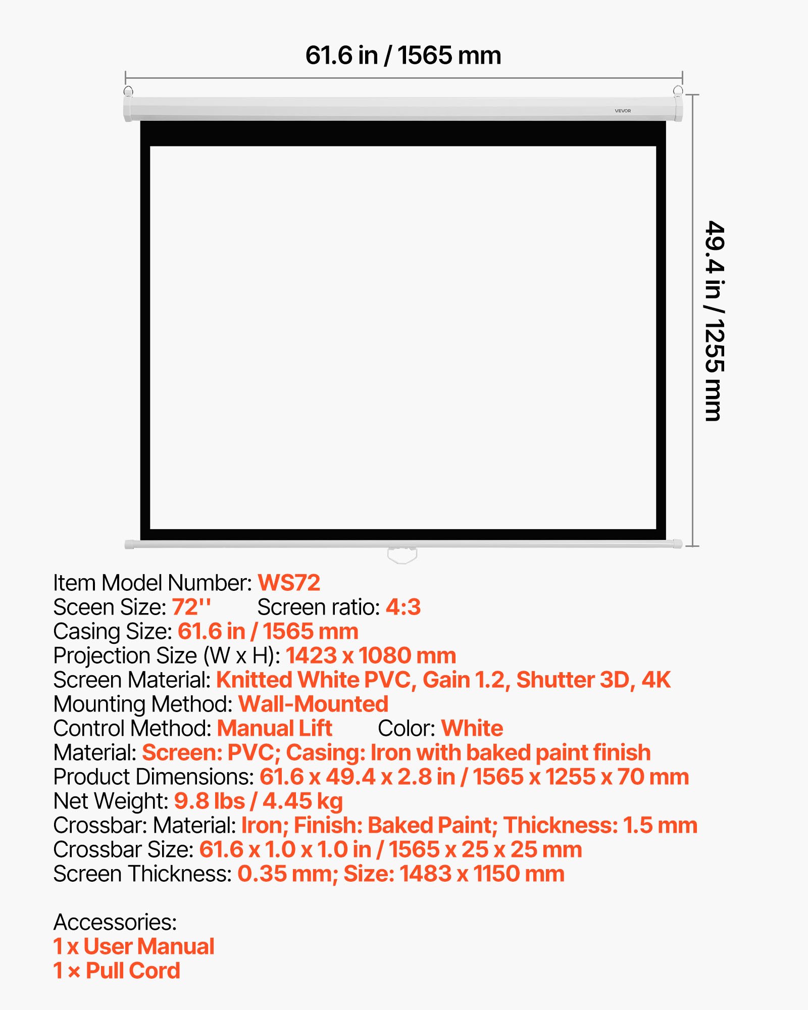 Manual Projector Screen, 1829 mm 4:3 4K 1080 HD Retractable Pull Down Projector Screen, Wall Mounted Movie Projection with Pull Rope, Portable Display Projectoin for Family Home Office Theater - Image 7