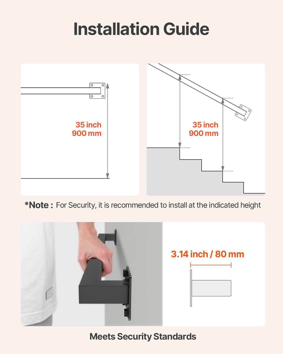 Wall Mounted Stair Handrail, 910mm Black Iron Staircase Handrail Indoor, 113kg Load Capacity, Industrial Railing Hand Rail for Steps,  Square Tube for Loft Porch Deck, 2 Sections - Image 4
