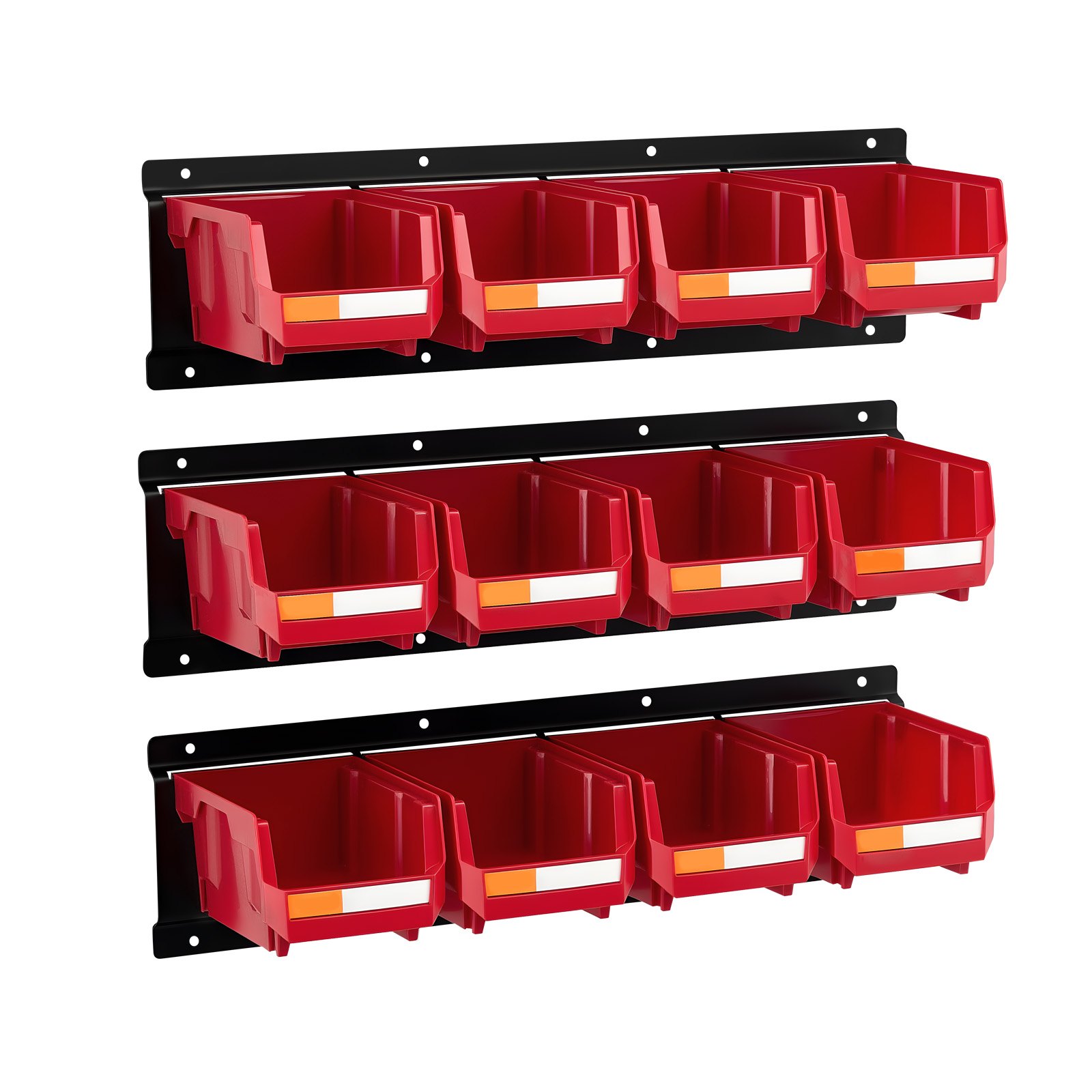Wall Mounted Storage Bins, 12 Plastic Bins & 3 Metal Rails, Plastic Hanging Stackable Storage Bin for Screws, Nuts, Bolts, Nails, Hardware Tool Organizer for Workshop, Craft Room, Garage, Red - Image 1