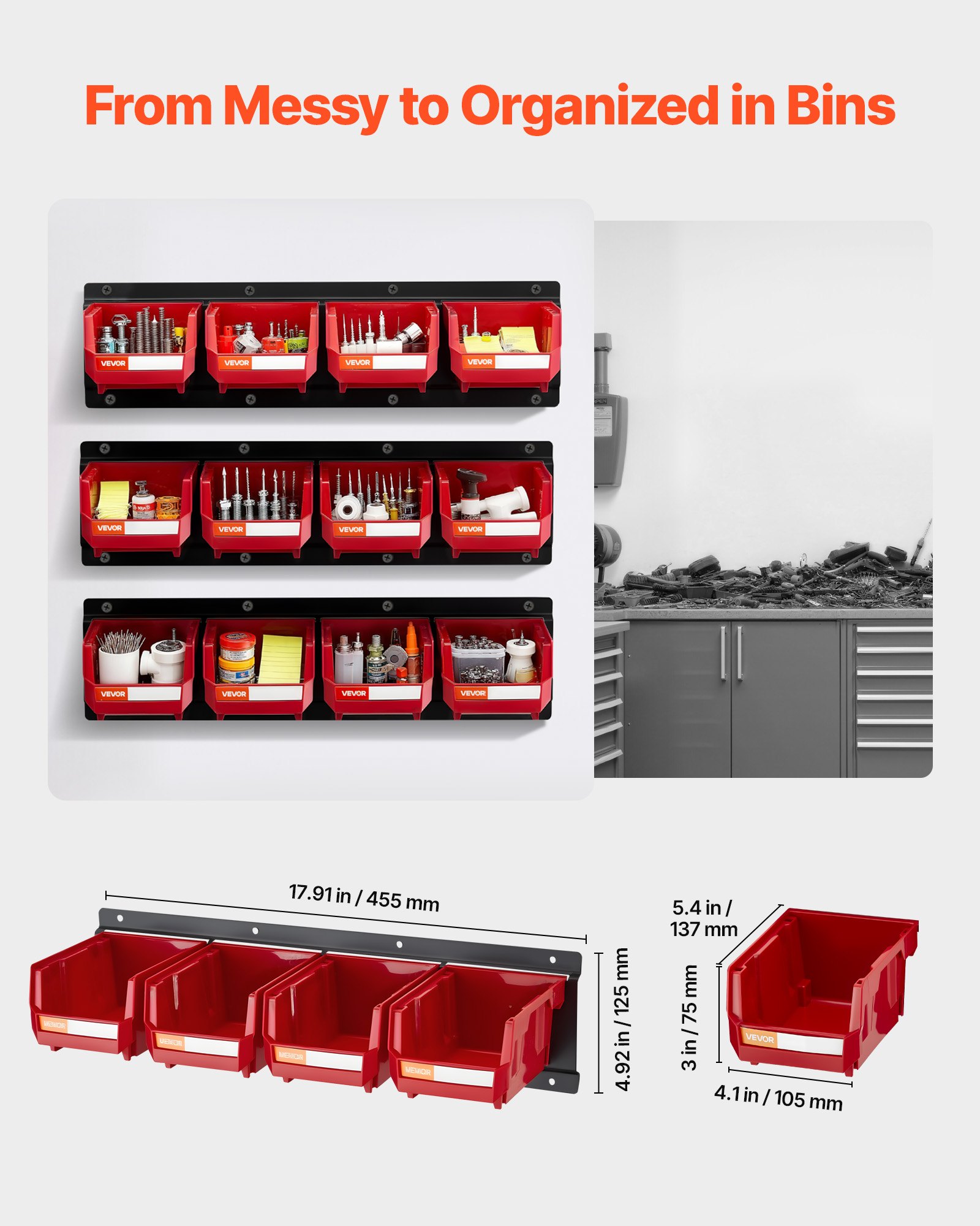 Wall Mounted Storage Bins, 12 Plastic Bins & 3 Metal Rails, Plastic Hanging Stackable Storage Bin for Screws, Nuts, Bolts, Nails, Hardware Tool Organizer for Workshop, Craft Room, Garage, Red - Image 2