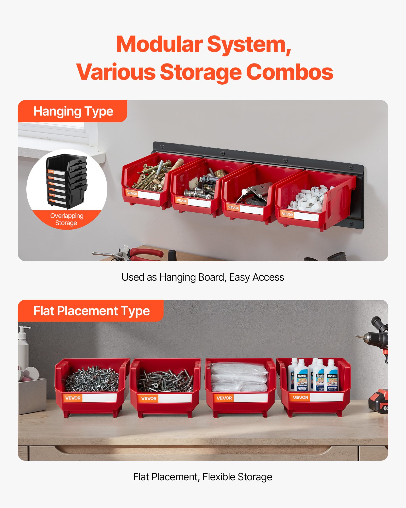 Wall Mounted Storage Bins, 12 Plastic Bins & 3 Metal Rails, Plastic Hanging Stackable Storage Bin for Screws, Nuts, Bolts, Nails, Hardware Tool Organizer for Workshop, Craft Room, Garage, Red - Image 4