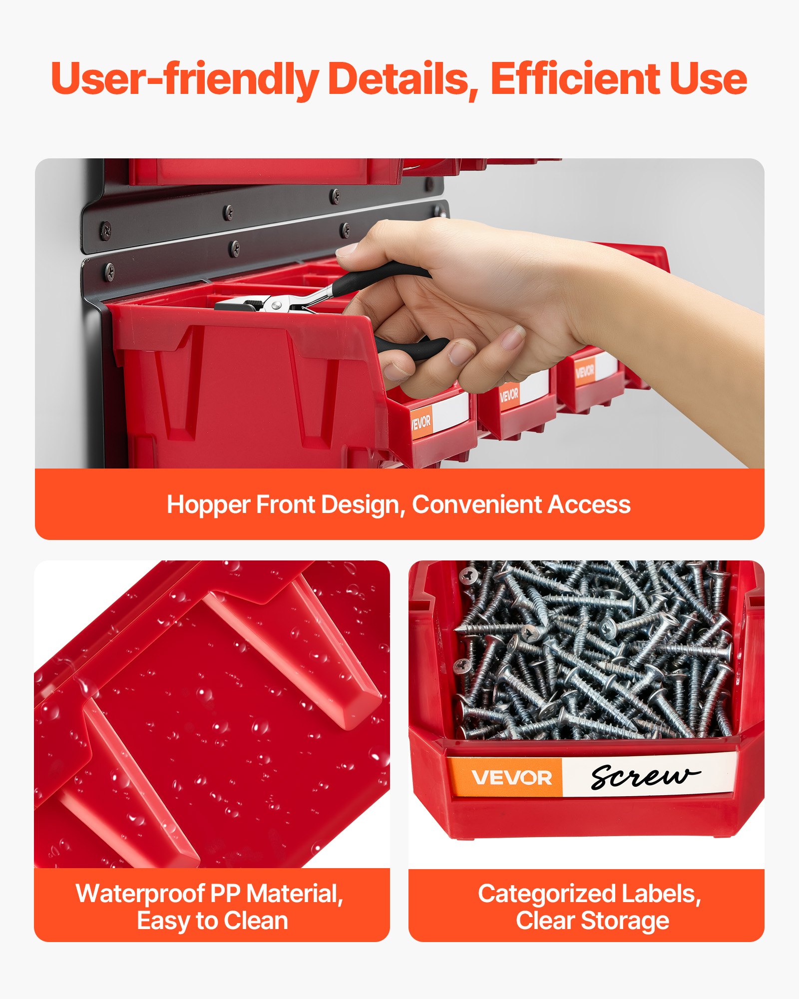 Wall Mounted Storage Bins, 12 Plastic Bins & 3 Metal Rails, Plastic Hanging Stackable Storage Bin for Screws, Nuts, Bolts, Nails, Hardware Tool Organizer for Workshop, Craft Room, Garage, Red - Image 6