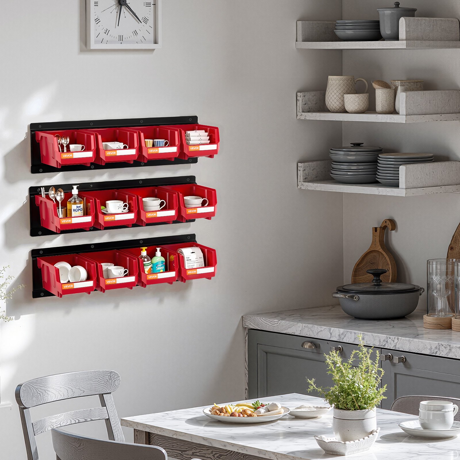 Wall Mounted Storage Bins, 12 Plastic Bins & 3 Metal Rails, Plastic Hanging Stackable Storage Bin for Screws, Nuts, Bolts, Nails, Hardware Tool Organizer for Workshop, Craft Room, Garage, Red - Image 8