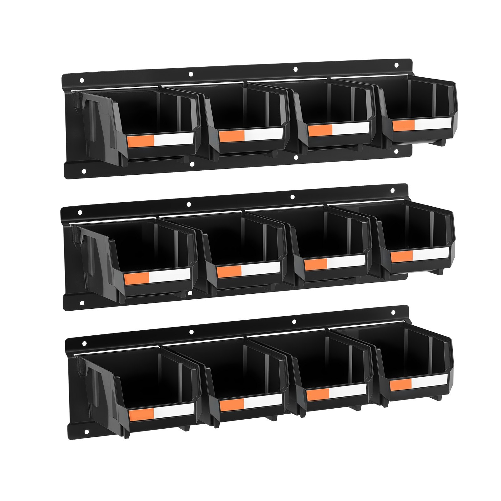 Wall Mounted Storage Bins, 12 Plastic Bins & 3 Metal Rails, Plastic Hanging Stackable Storage Bin for Screws, Nuts, Bolts, Nails, Hardware Tool Organizer for Workshop, Craft Room, Garage, Black - Image 1