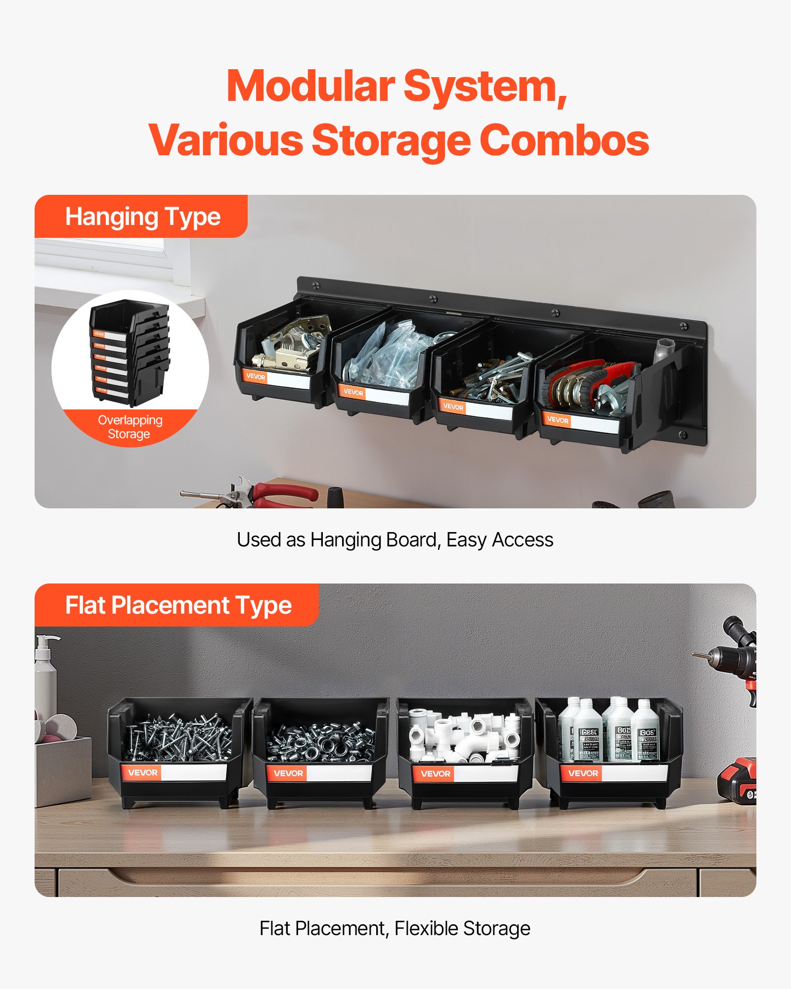 Wall Mounted Storage Bins, 12 Plastic Bins & 3 Metal Rails, Plastic Hanging Stackable Storage Bin for Screws, Nuts, Bolts, Nails, Hardware Tool Organizer for Workshop, Craft Room, Garage, Black - Image 4