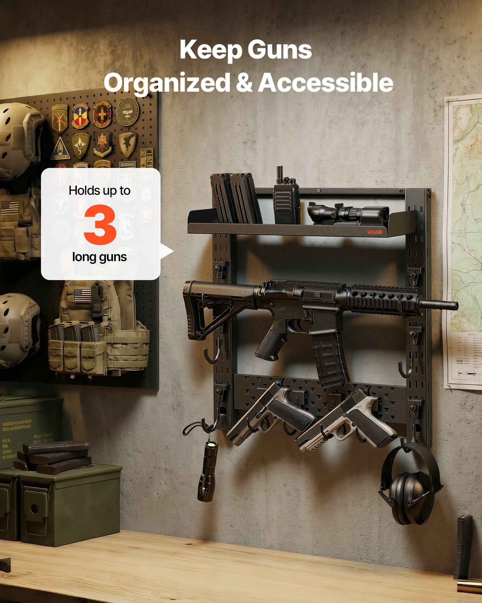 Gun Rack Wall Mount, Heavy Duty Steel, Indoor Rifle Shotgun Rack with J-Hooks, Additional Tray Storage, Gun Accessories Display Storage Holder, Hold Up to 3 Rifles or Shotguns, for Tactical Gear - Image 2