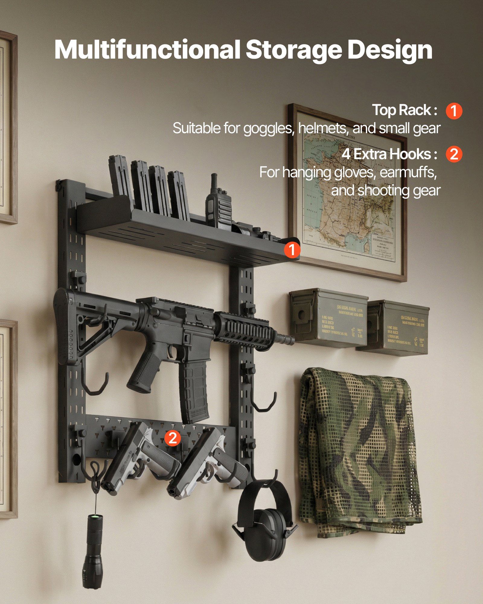 Gun Rack Wall Mount, Heavy Duty Steel, Indoor Rifle Shotgun Rack with J-Hooks, Additional Tray Storage, Gun Accessories Display Storage Holder, Hold Up to 3 Rifles or Shotguns, for Tactical Gear - Image 3