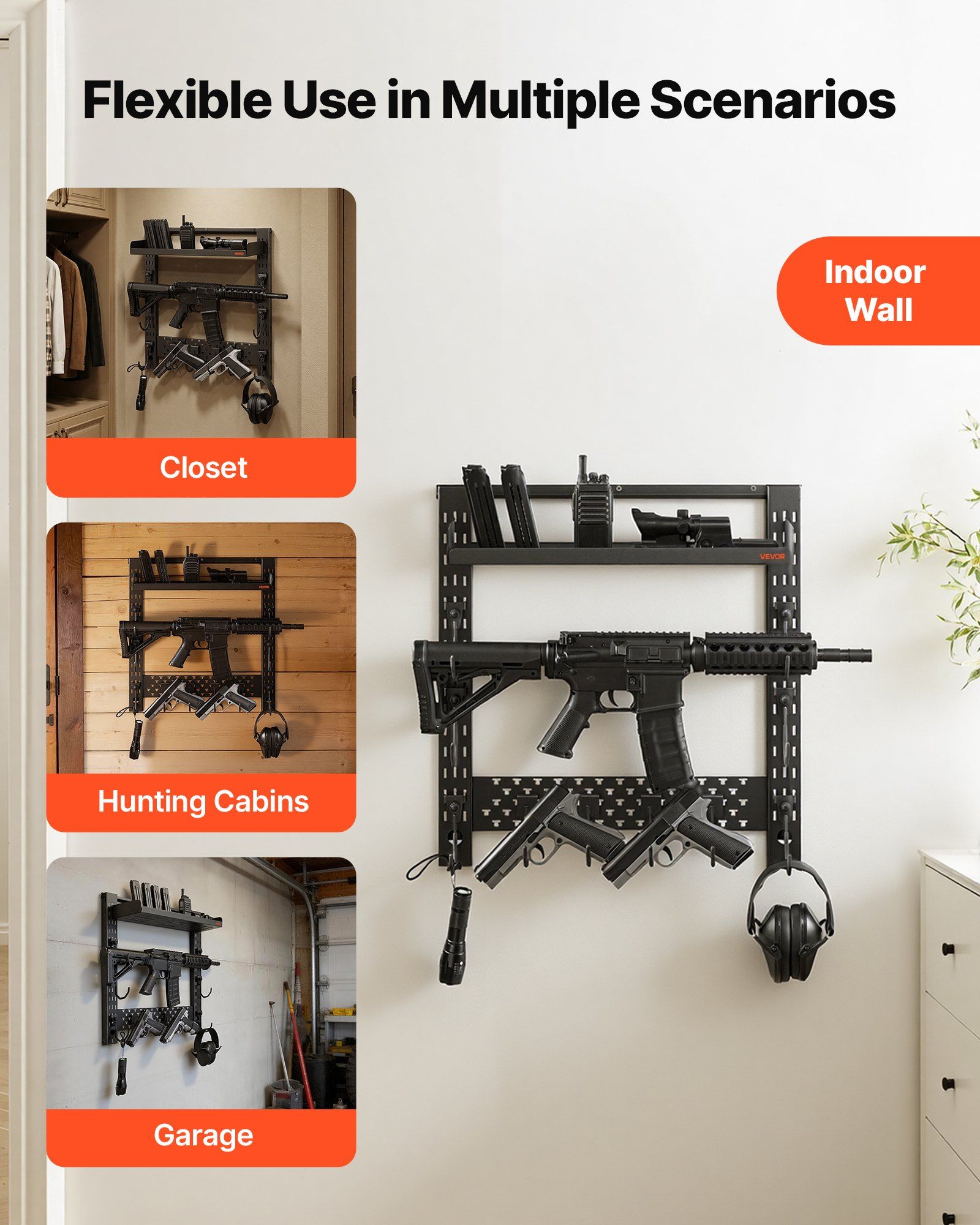 Gun Rack Wall Mount, Heavy Duty Steel, Indoor Rifle Shotgun Rack with J-Hooks, Additional Tray Storage, Gun Accessories Display Storage Holder, Hold Up to 3 Rifles or Shotguns, for Tactical Gear - Image 6