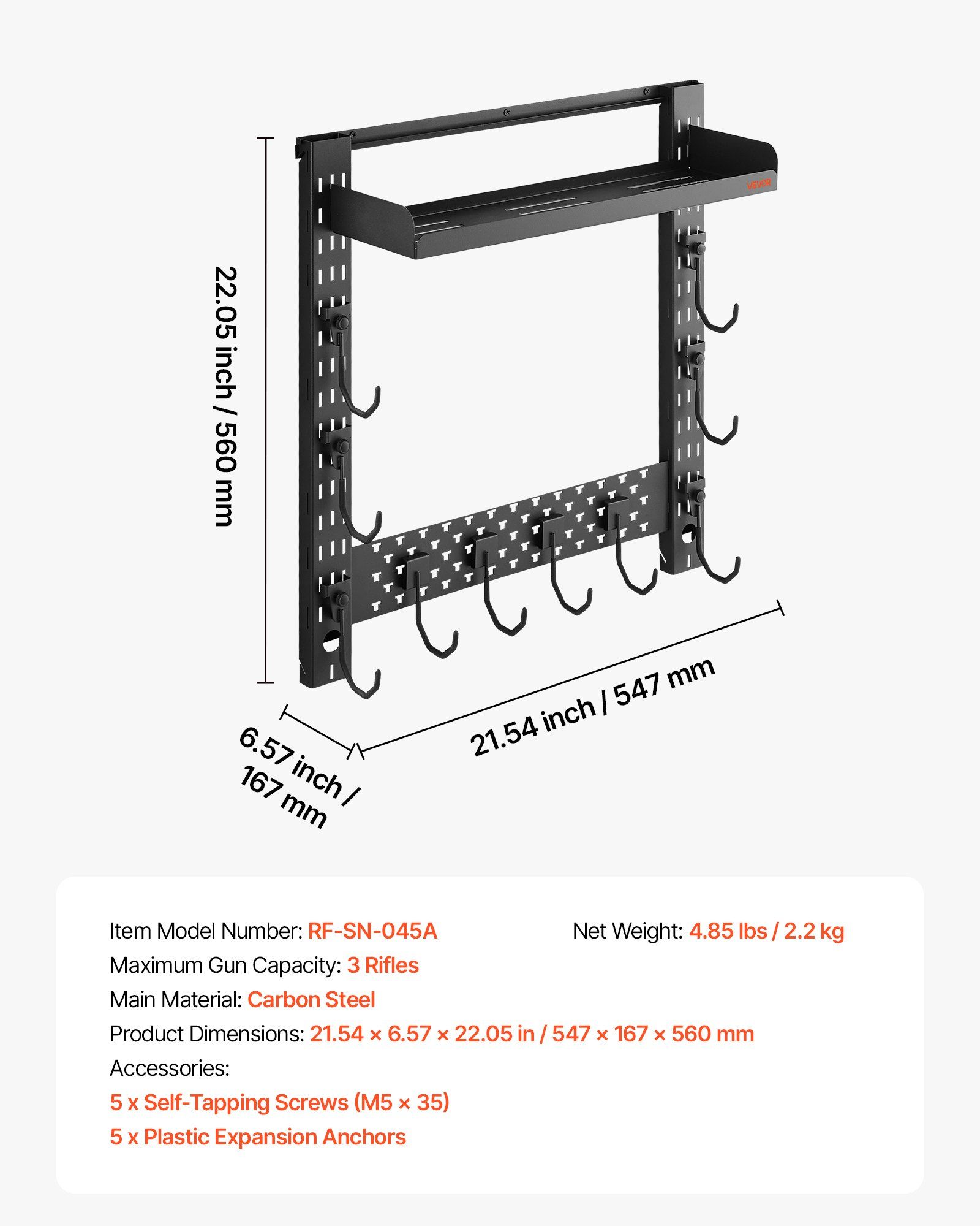 Gun Rack Wall Mount, Heavy Duty Steel, Indoor Rifle Shotgun Rack with J-Hooks, Additional Tray Storage, Gun Accessories Display Storage Holder, Hold Up to 3 Rifles or Shotguns, for Tactical Gear - Image 7
