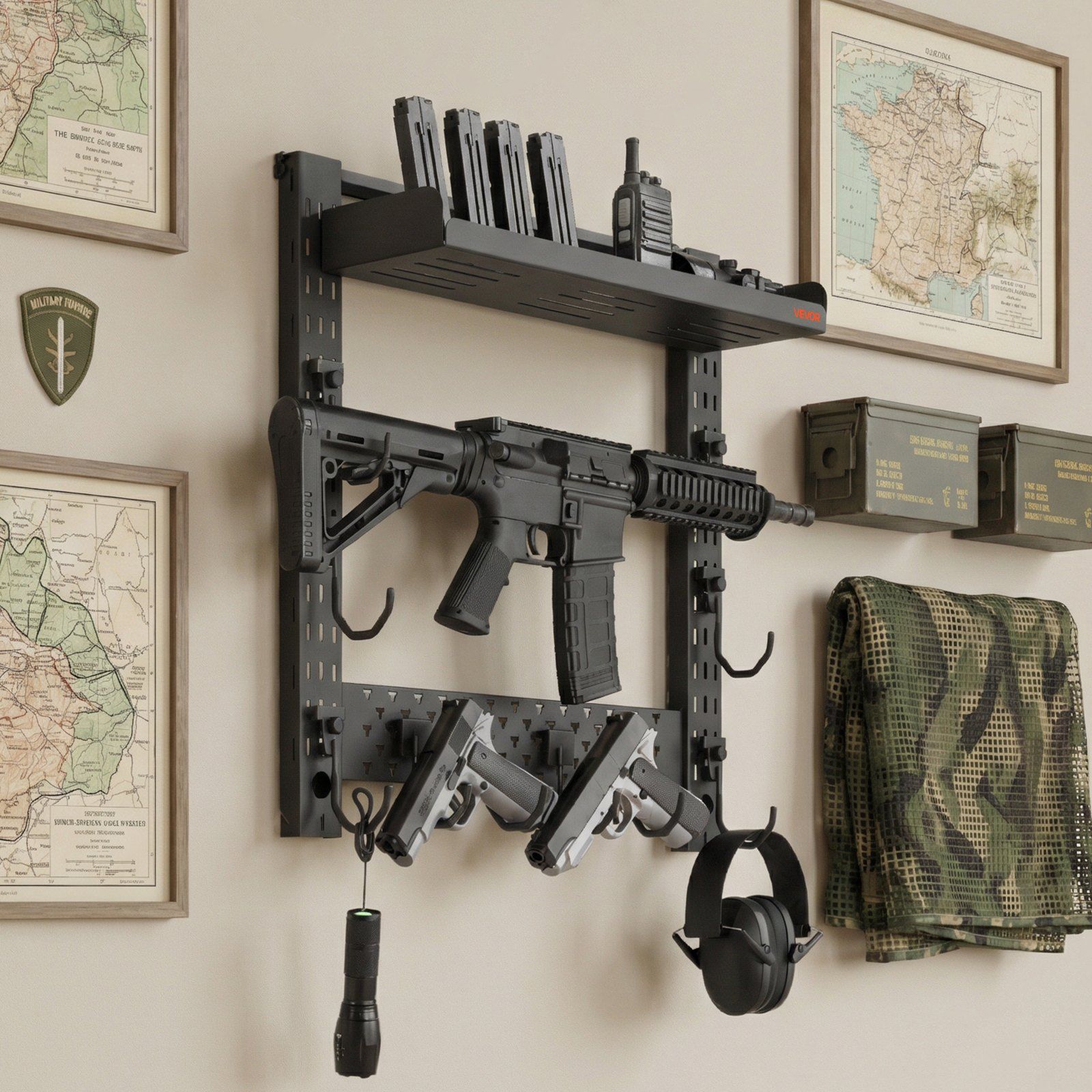 Gun Rack Wall Mount, Heavy Duty Steel, Indoor Rifle Shotgun Rack with J-Hooks, Additional Tray Storage, Gun Accessories Display Storage Holder, Hold Up to 3 Rifles or Shotguns, for Tactical Gear - Image 8